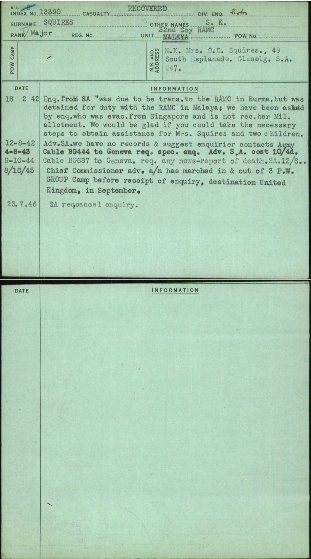 Squires, S K, [No Service Number]