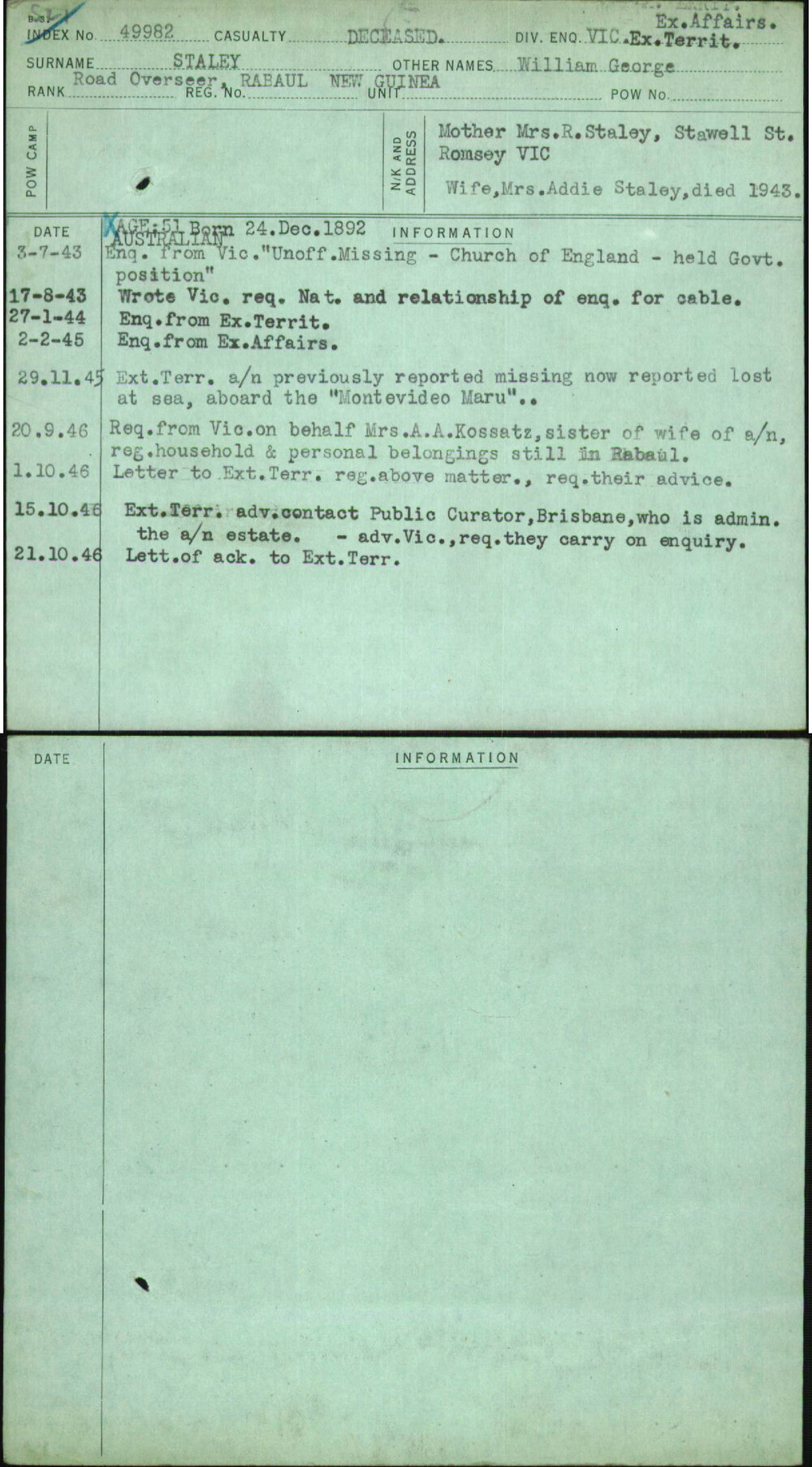 Staley, William George, [No Service Number]