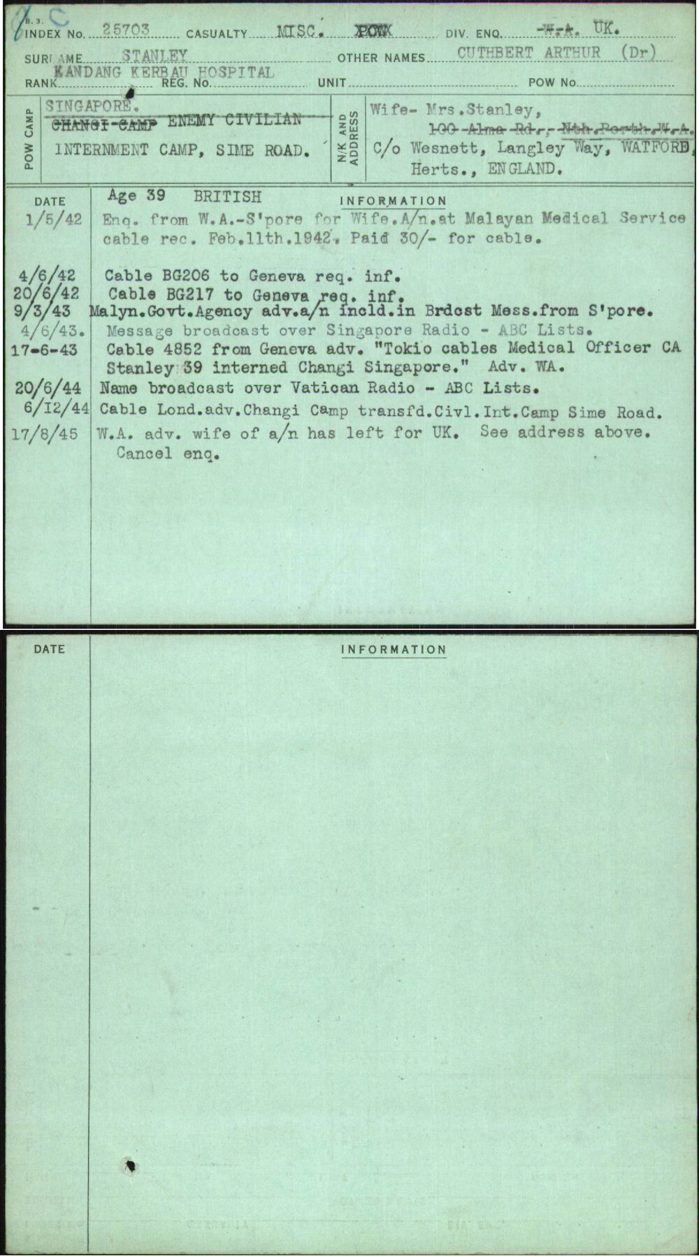 Stanley, Cuthbert Arthur (Dr), [No Service Number]