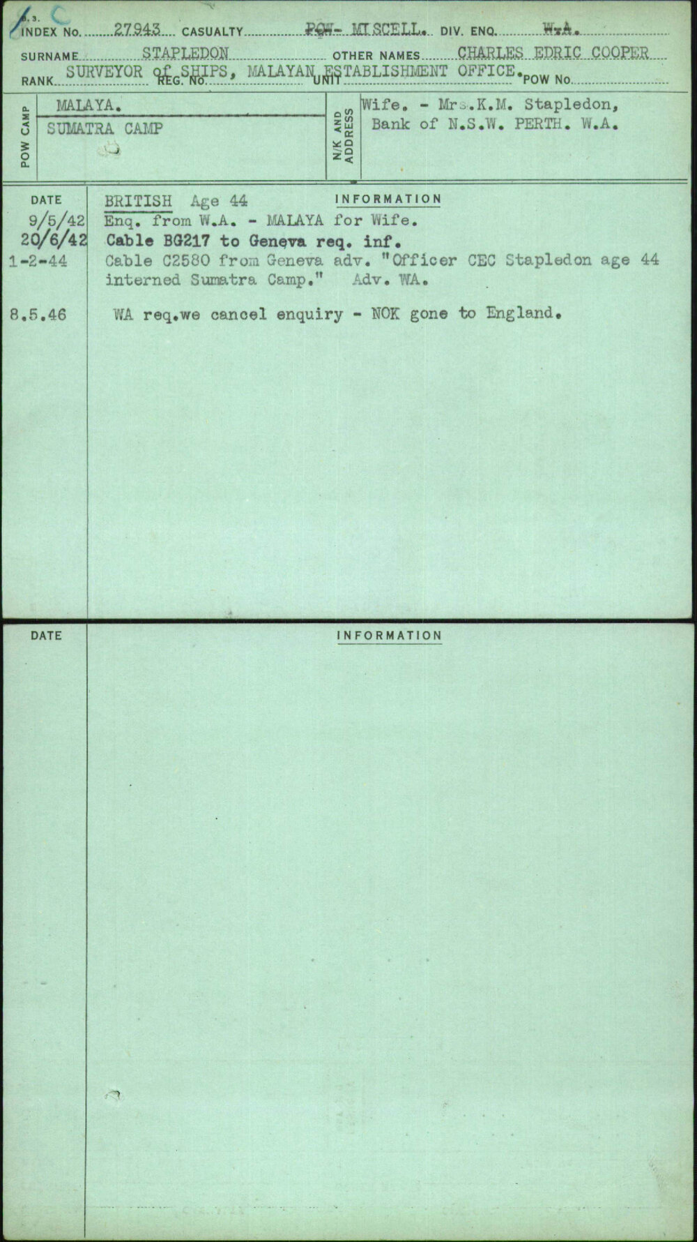 Stapledon, Charles Edric Cooper, [No Service Number]