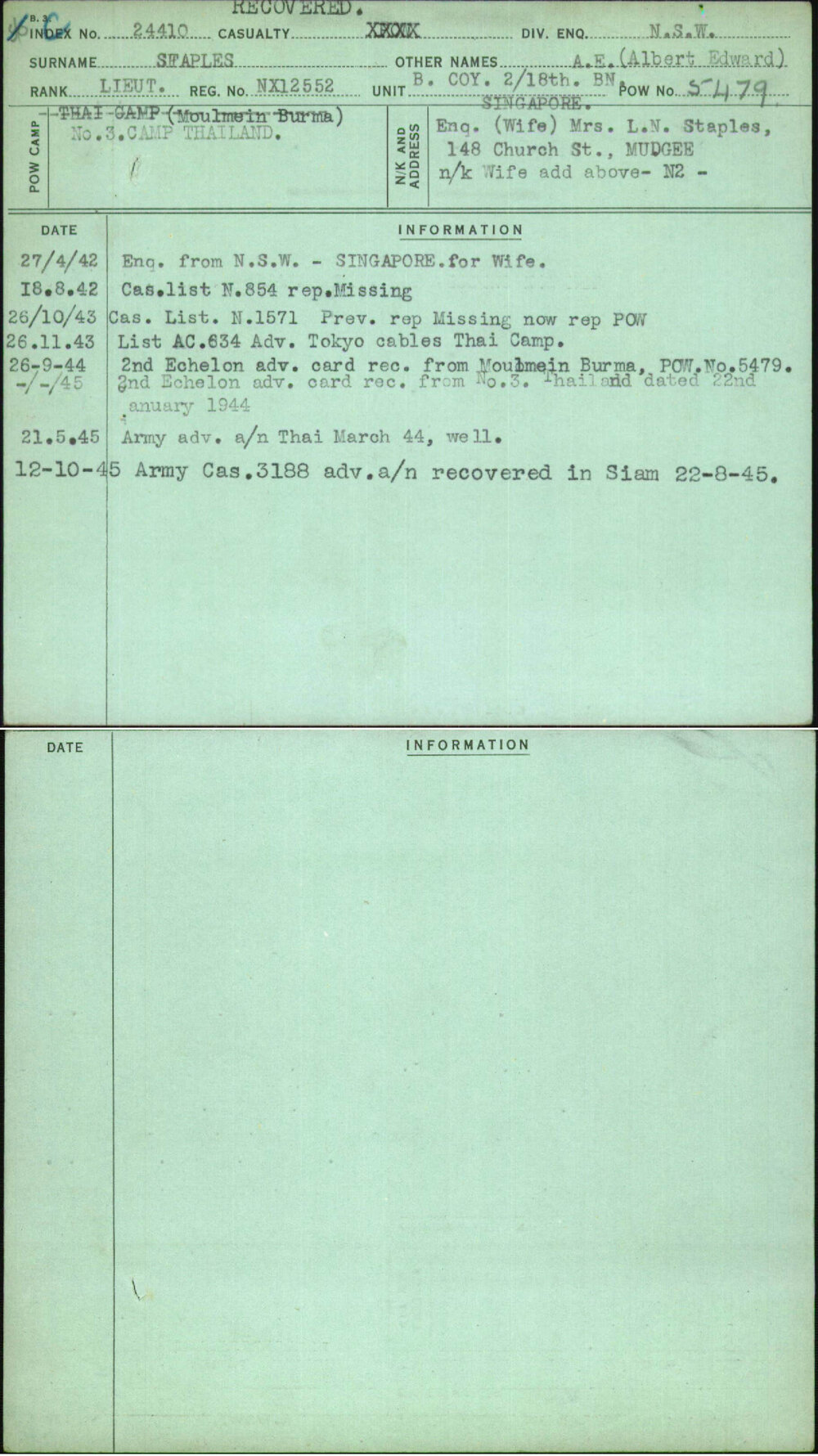 Staples, A E (Albert Edward), NX12552