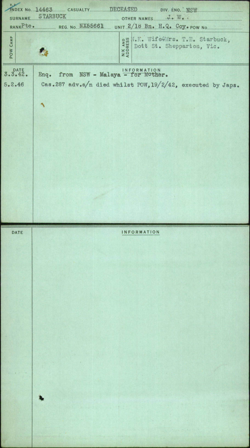 Starbuck, J W, NX55661