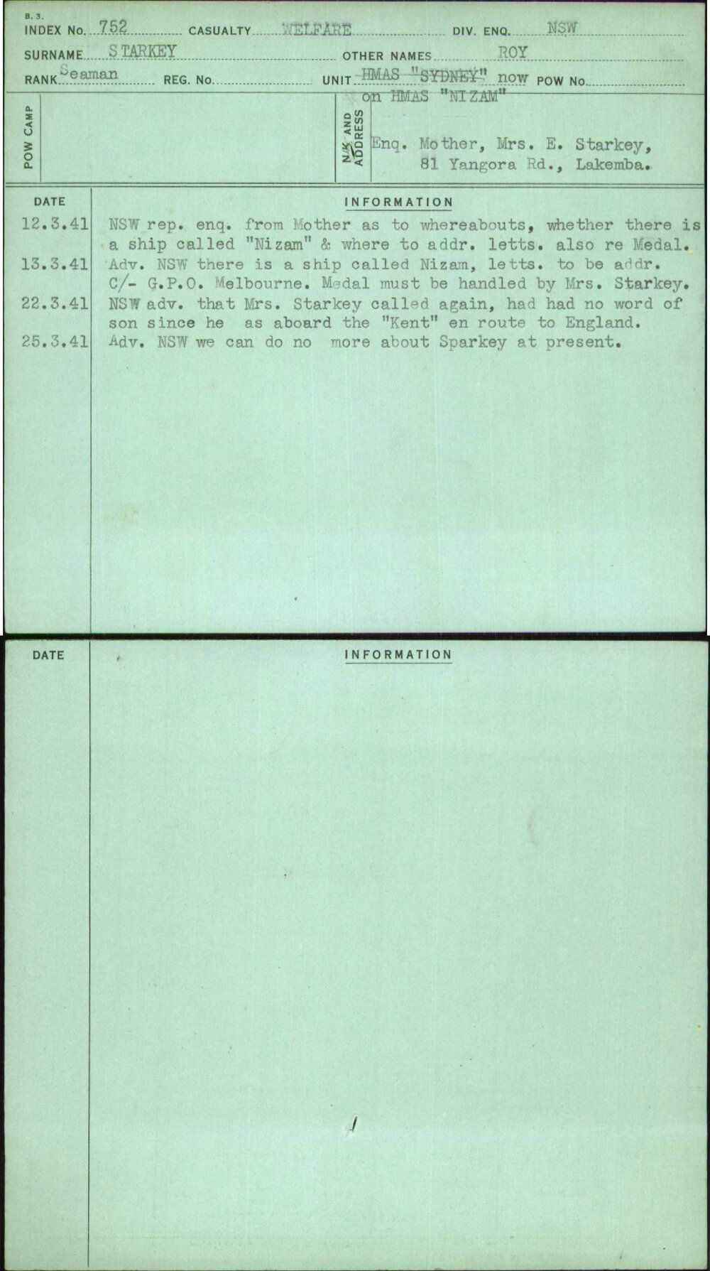 Starkey, Roy, [No Service Number]