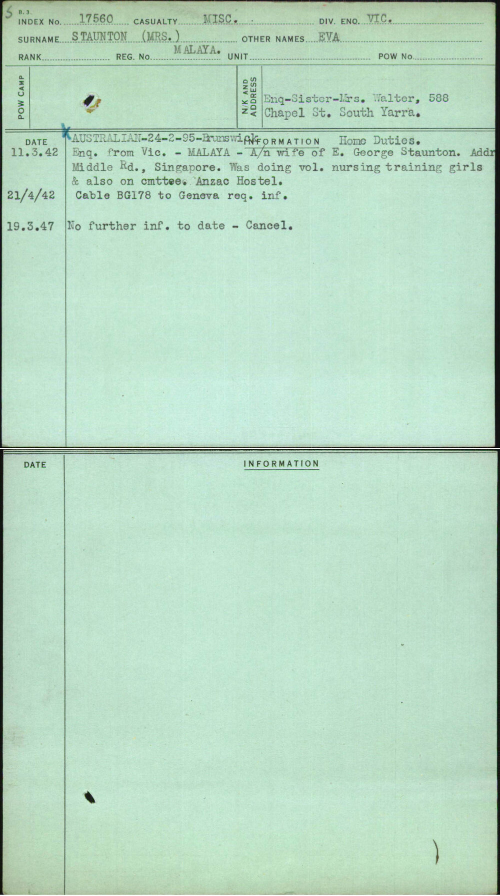 Staunton (Mrs), Eva, Malaya