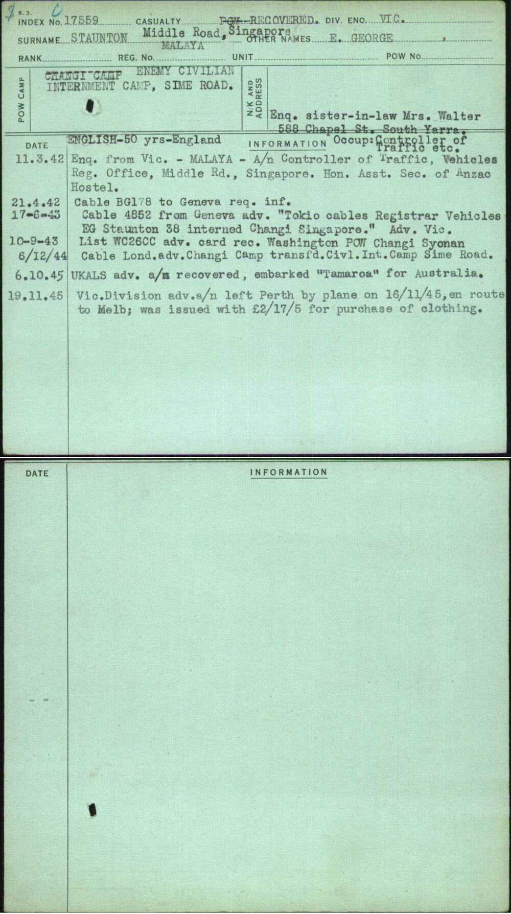 Staunton Middle Road Singapore, E George, Malaya