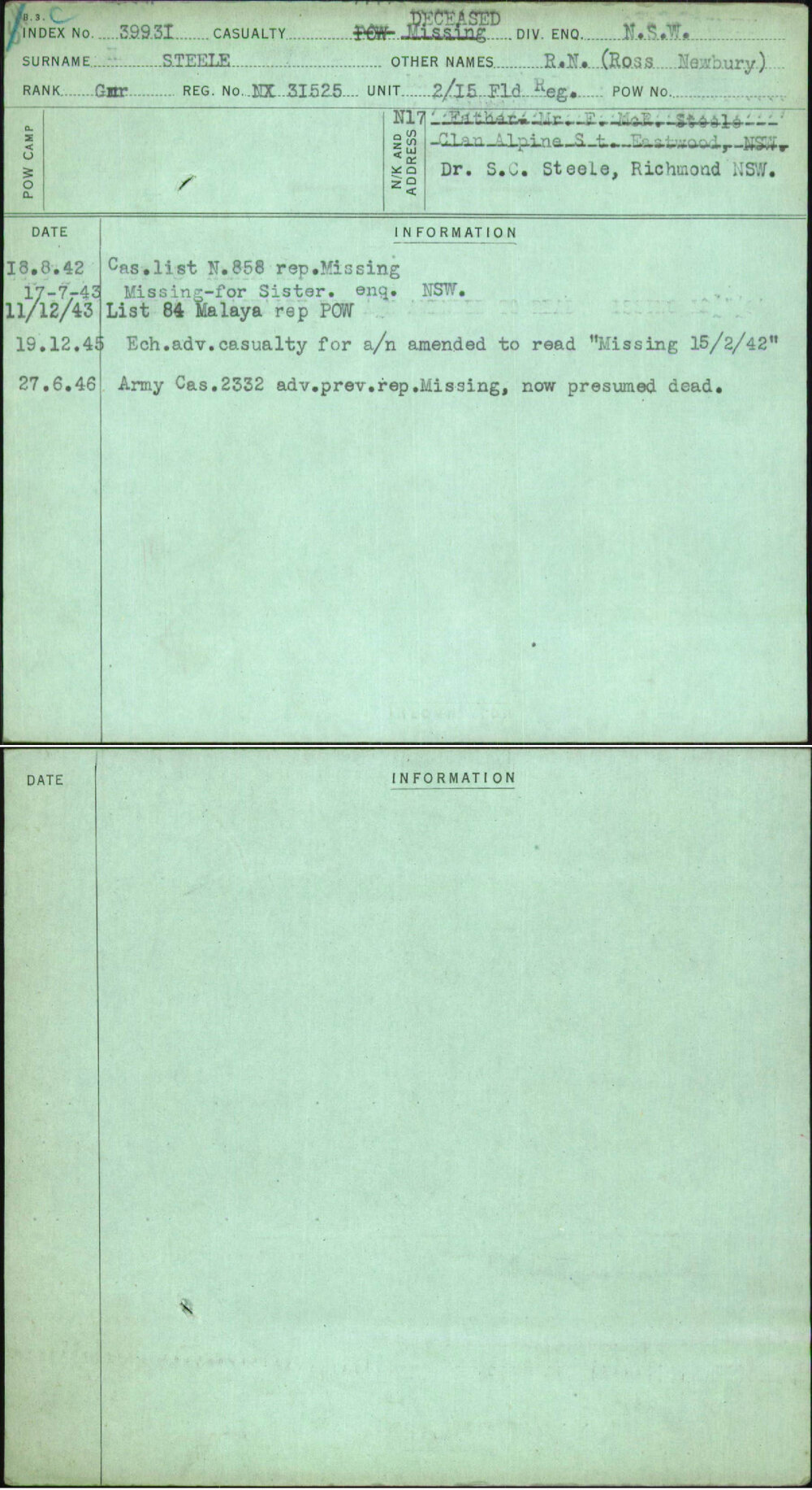 Steele, R N (Ross Newbury), NX31525