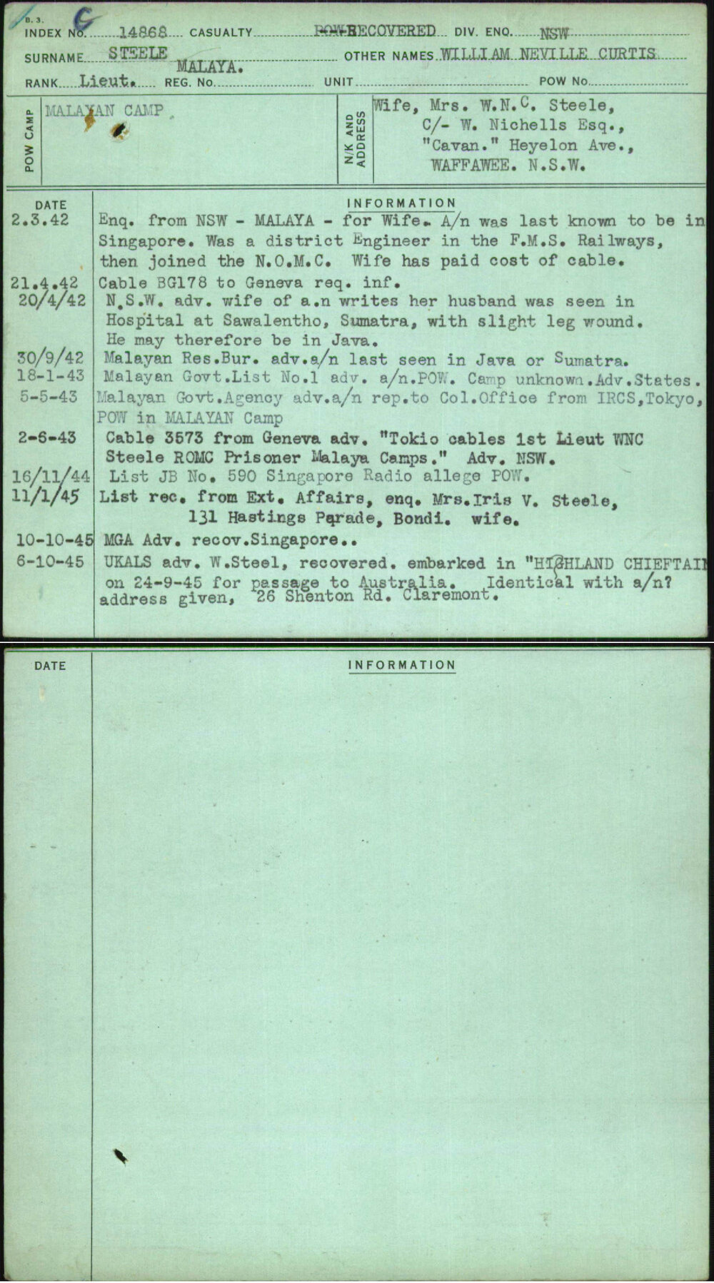 Steele, William Neville Curtis, [No Service Number]