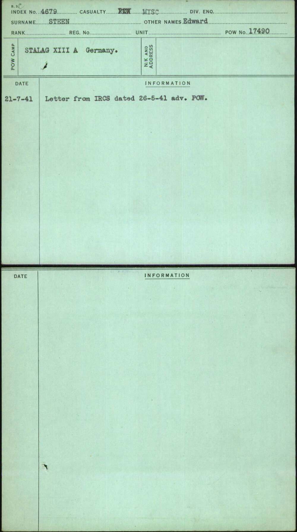 Steen, Edward, [No Service Number]