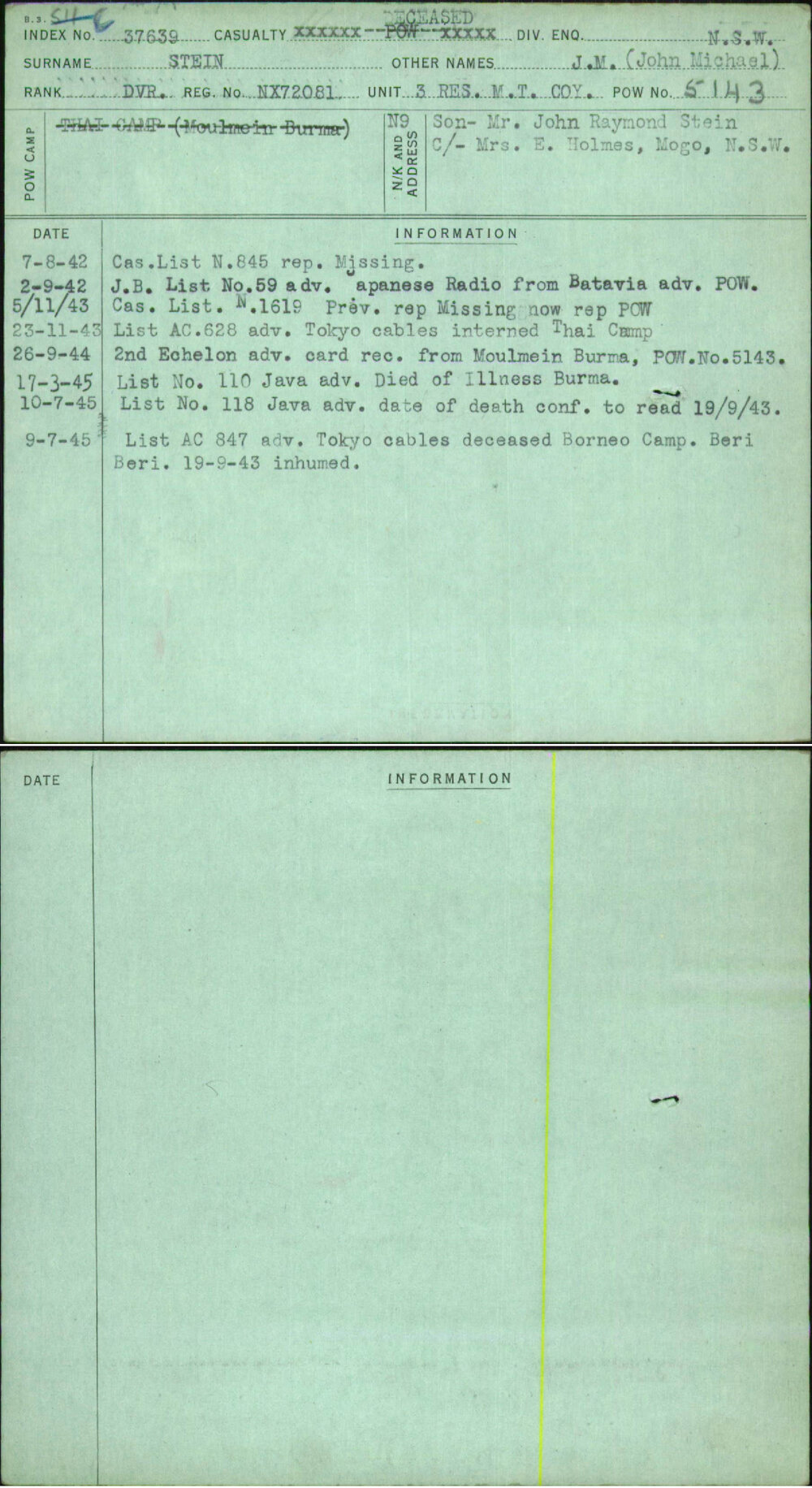 Stein, J M (John Michael), NX72081
