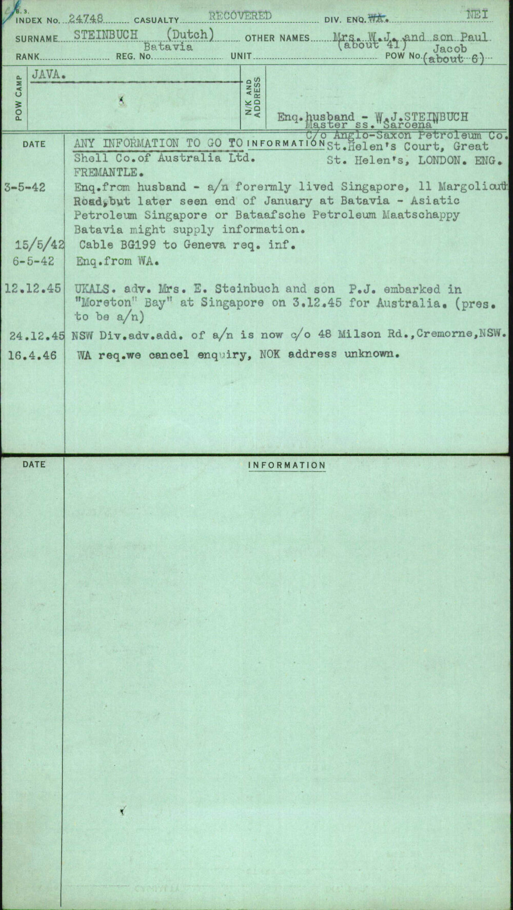 Steinbuch (Dutch), Mrs W J And Son Paul Jacob, [No Service Number]