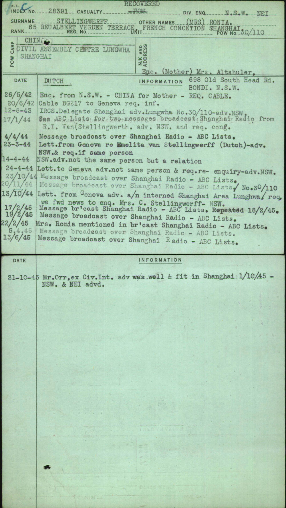 Stellingwerff, (Mrs) Ronia, [No Service Number]