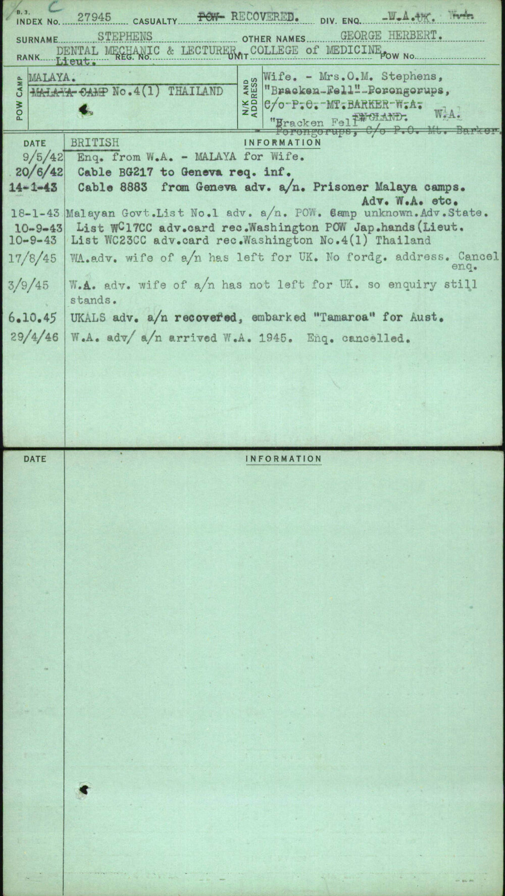 Stephens, George Herbert, [No Service Number]