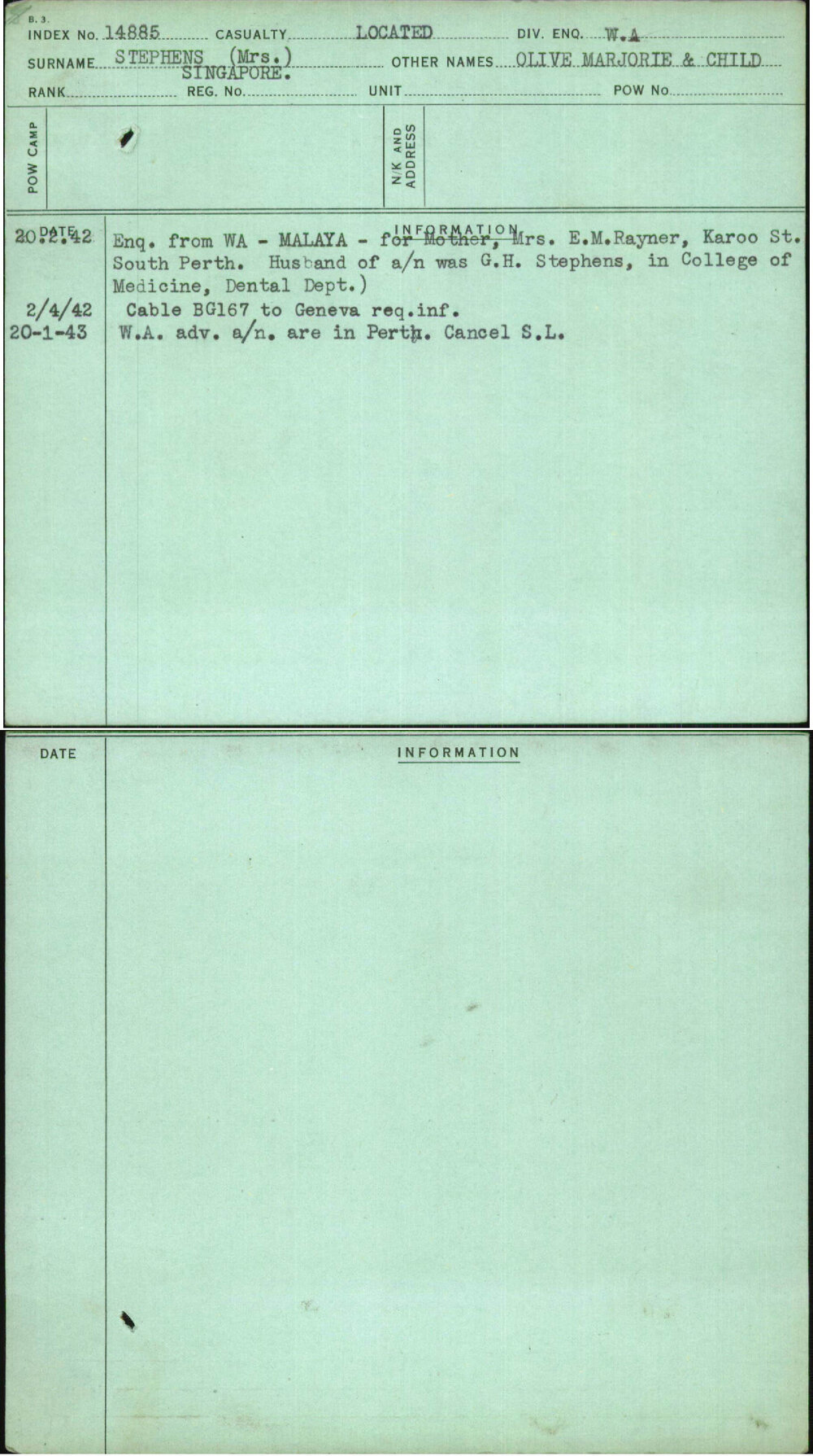 Stephens (Mrs), Olive Marjorie &amp; Child, [No Service Number]