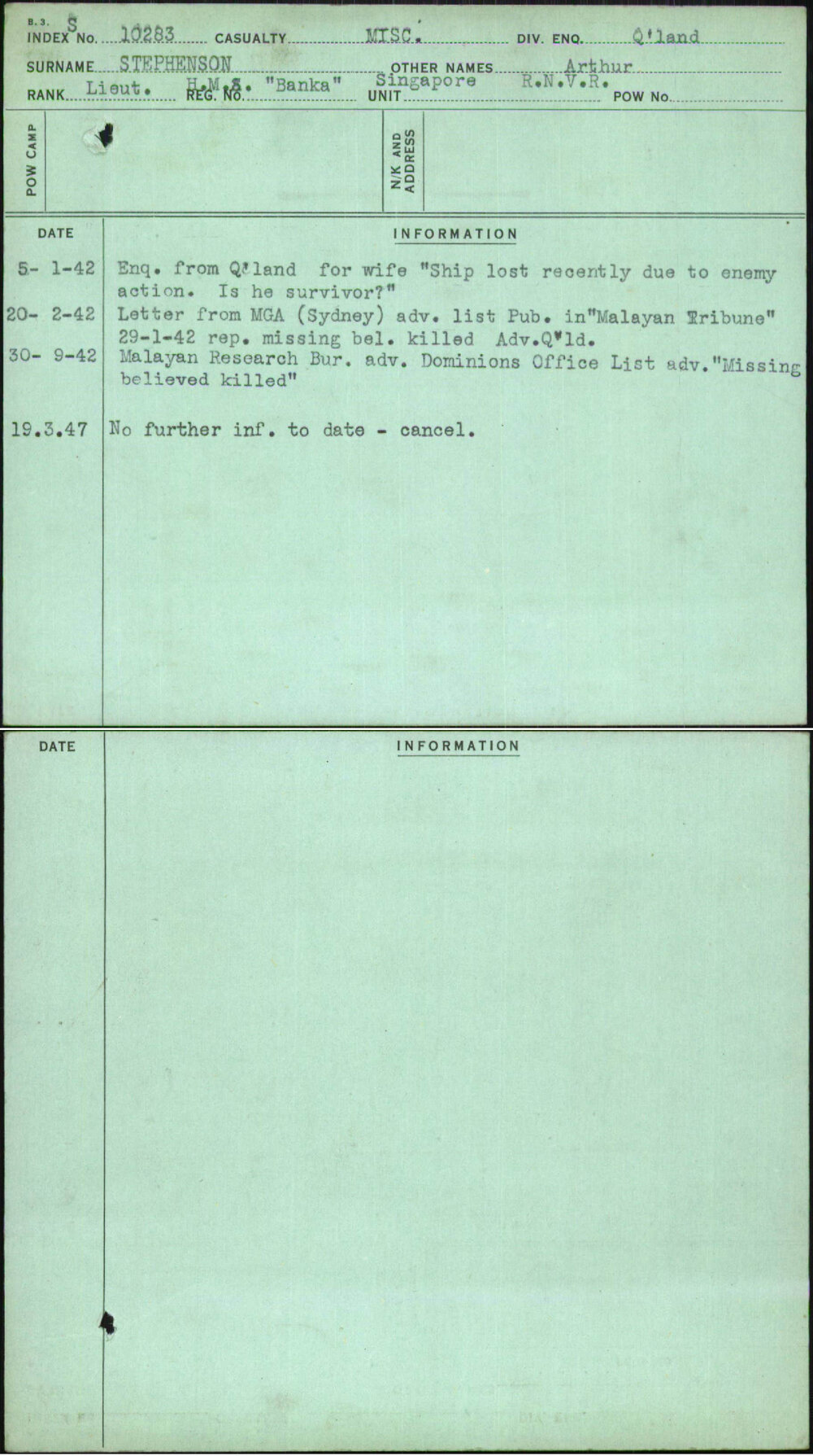 Stephenson, Arthur, [No Service Number]