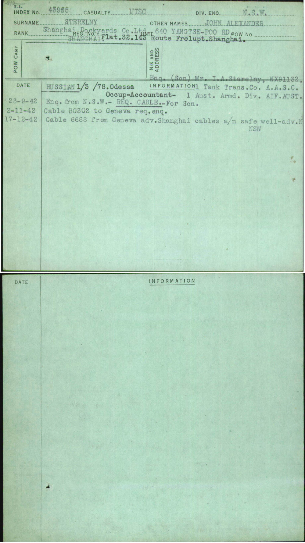 Sterelny, John Alexander, [No Service Number]