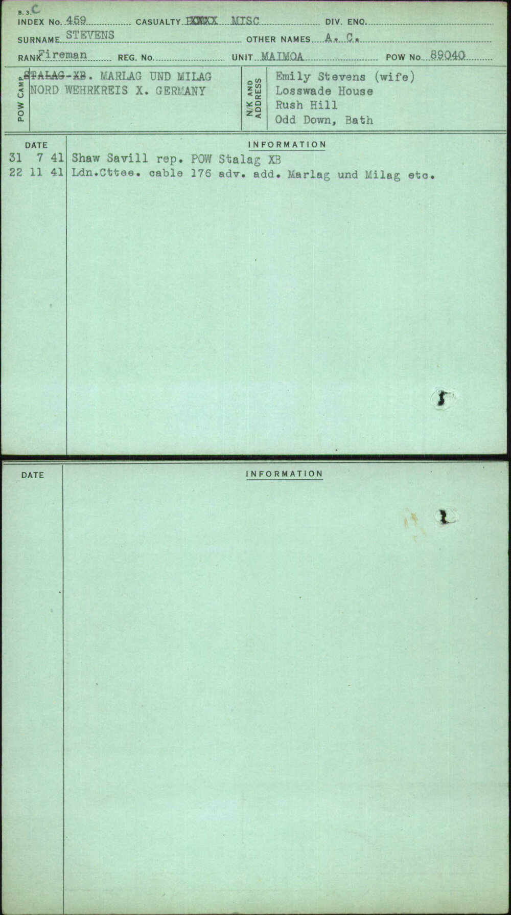 Stevens, A C, [No Service Number]