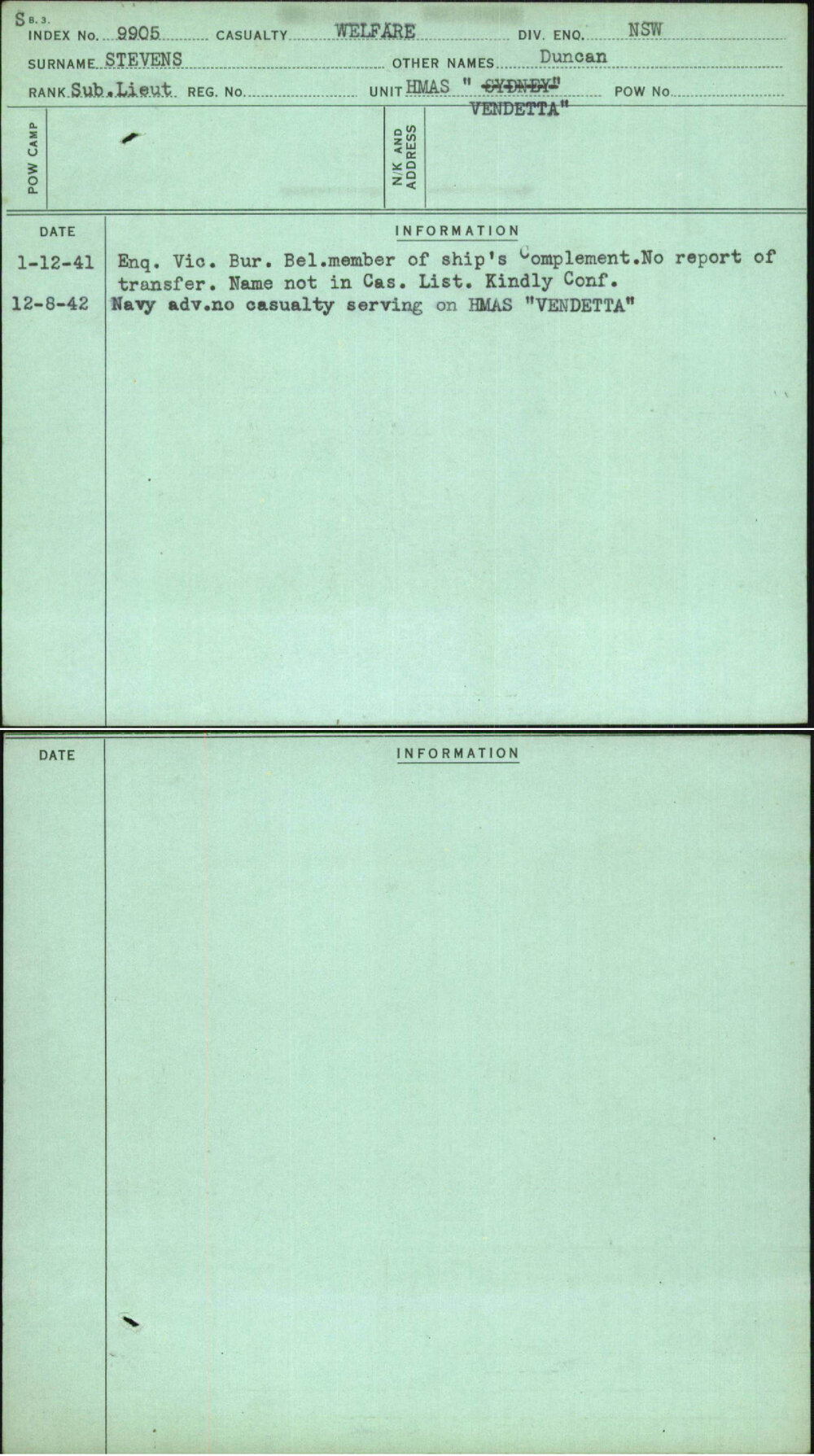 Stevens, Duncan, [No Service Number]