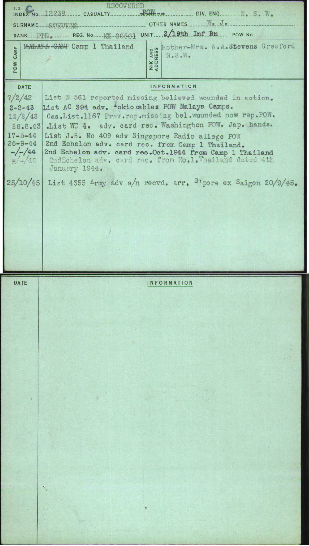 Stevens, W J, NX20501