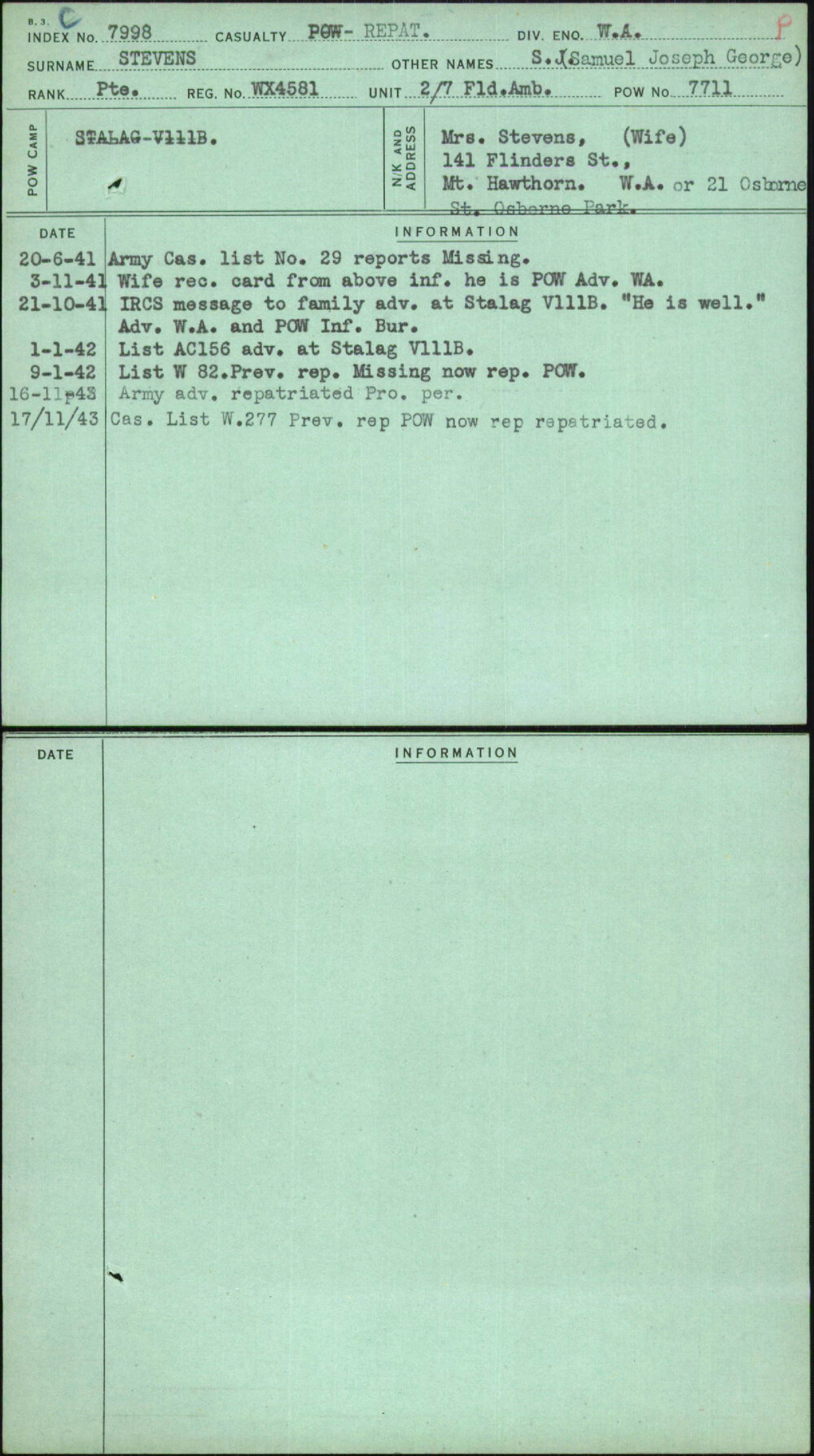 Stevens, S J (Samuel Joseph George), WX4581
