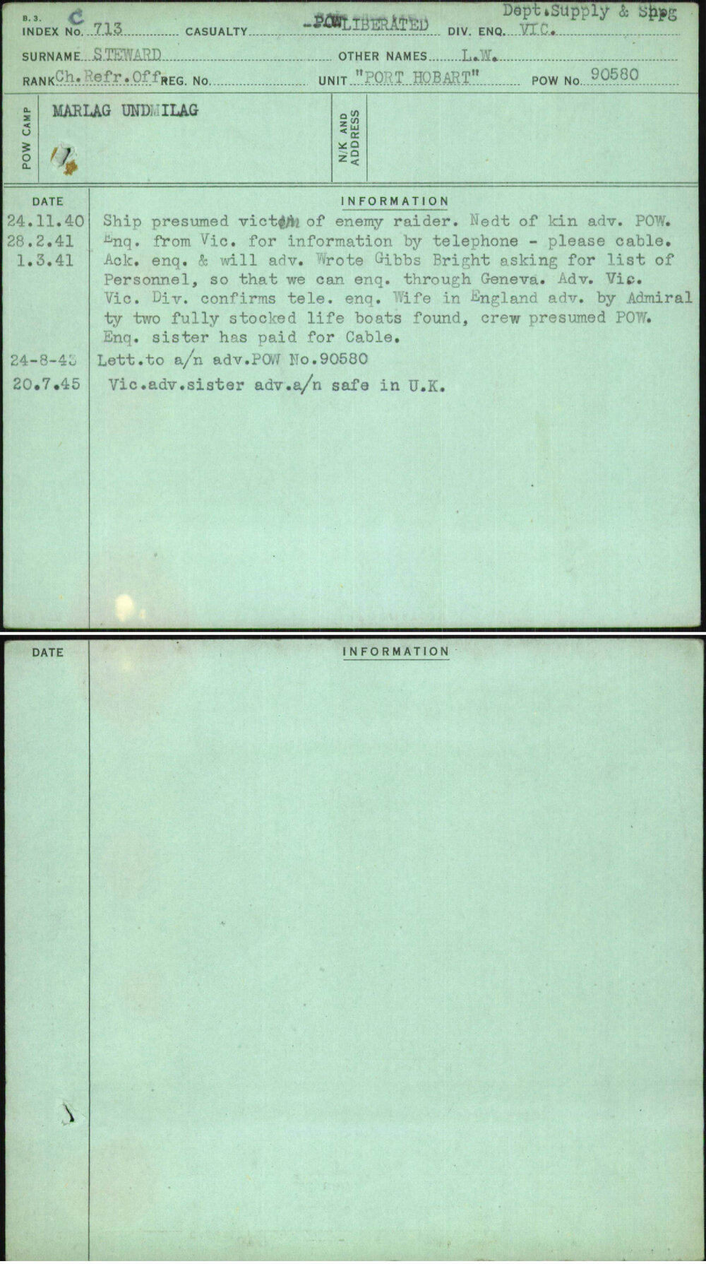 Steward, L W, [No Service Number]