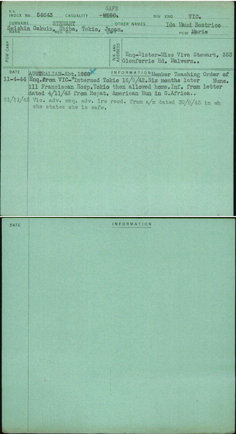 Stewart, Ida Maud Beatrice, [No Service Number]