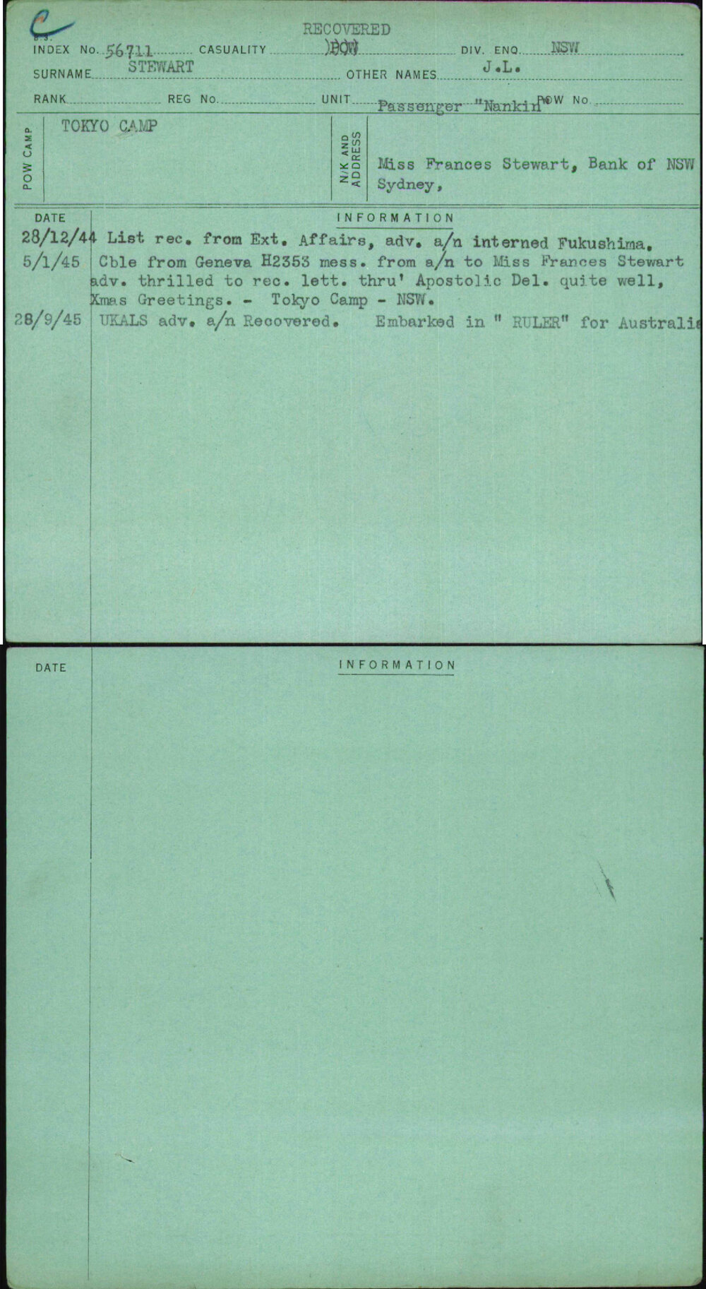 Stewart, J L, [No Service Number]
