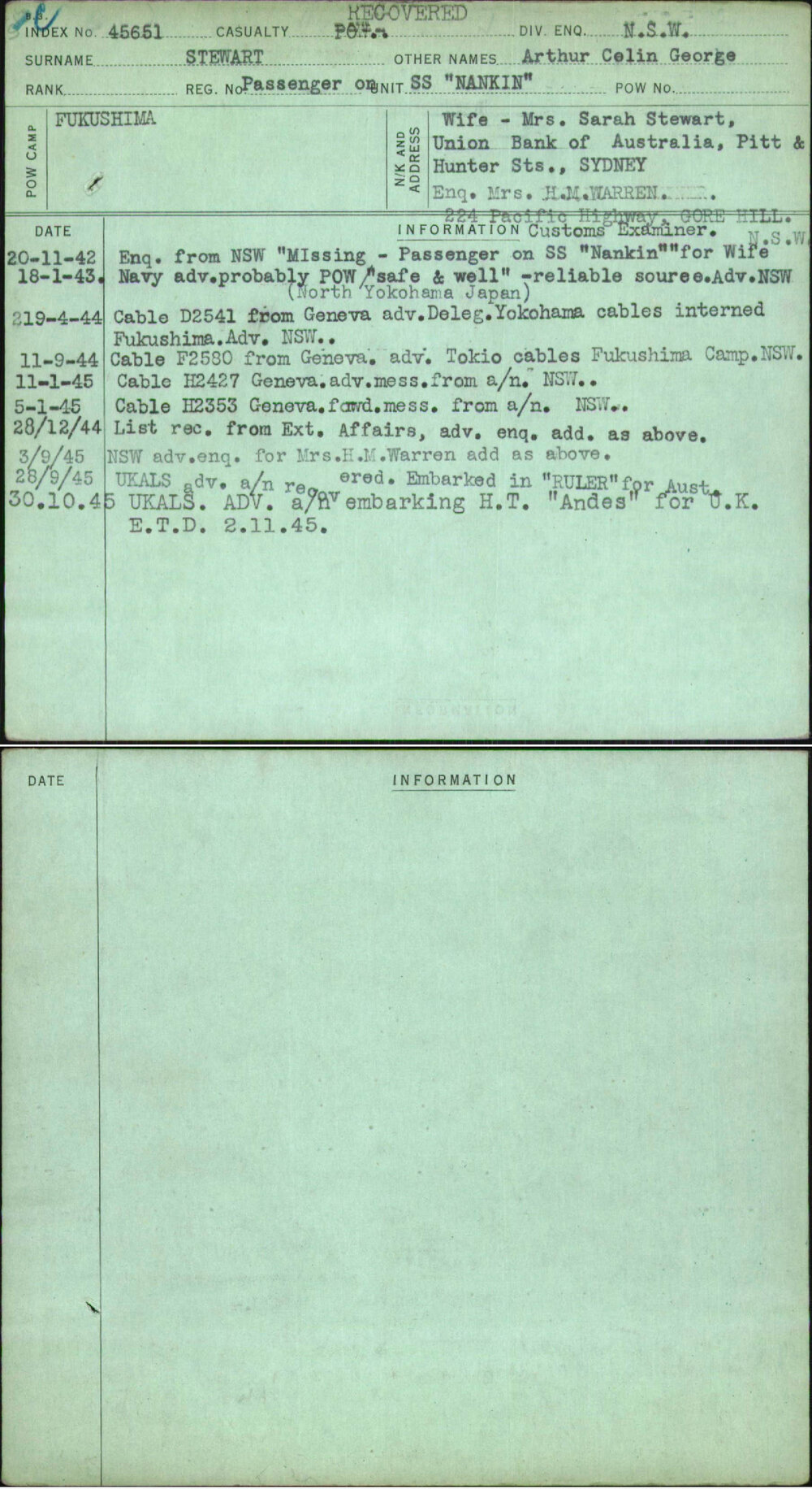 Stewart, Arthur Celin George, Passenger On