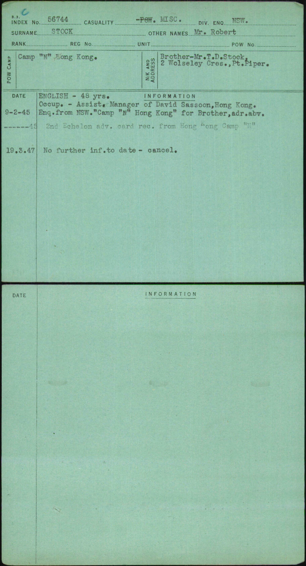 Stock, Mr Robert, [No Service Number]