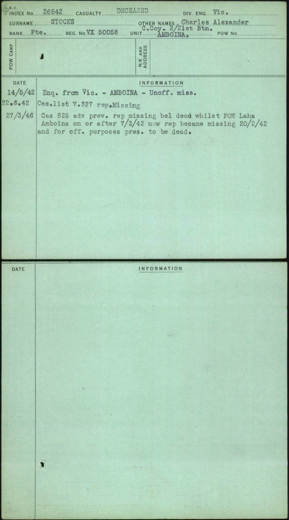 Stocks, Charles Alexander, VX50058