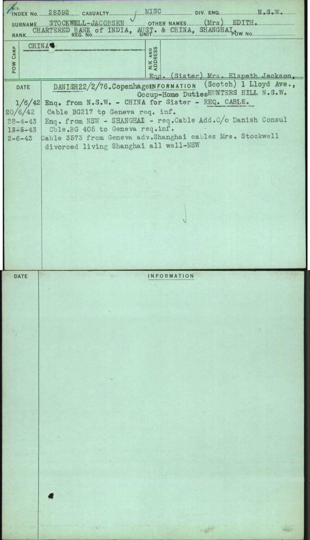 Stockwell-Jacobsen, (Mrs) Edith, [No Service Number]