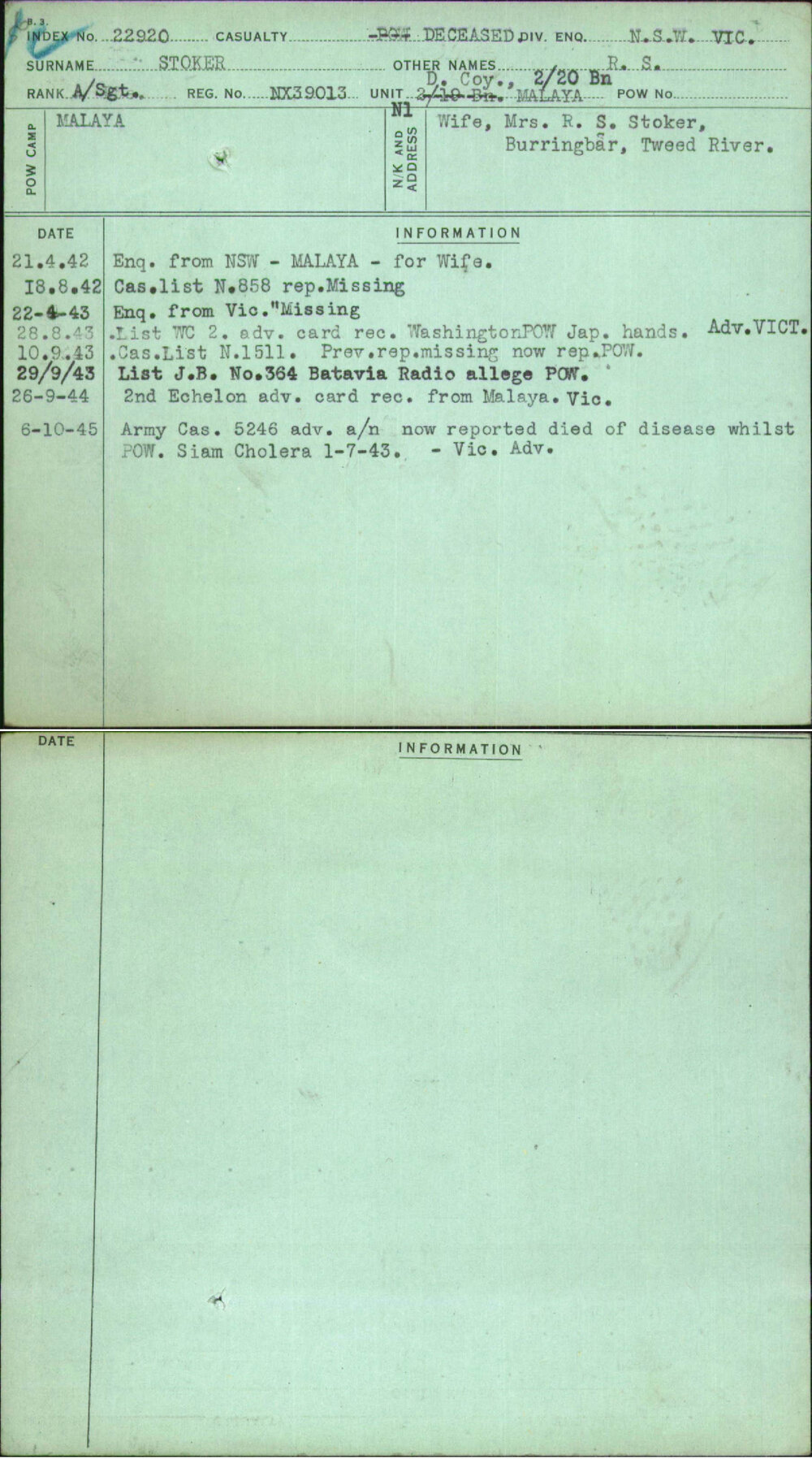 Stoker, R S, NX39013