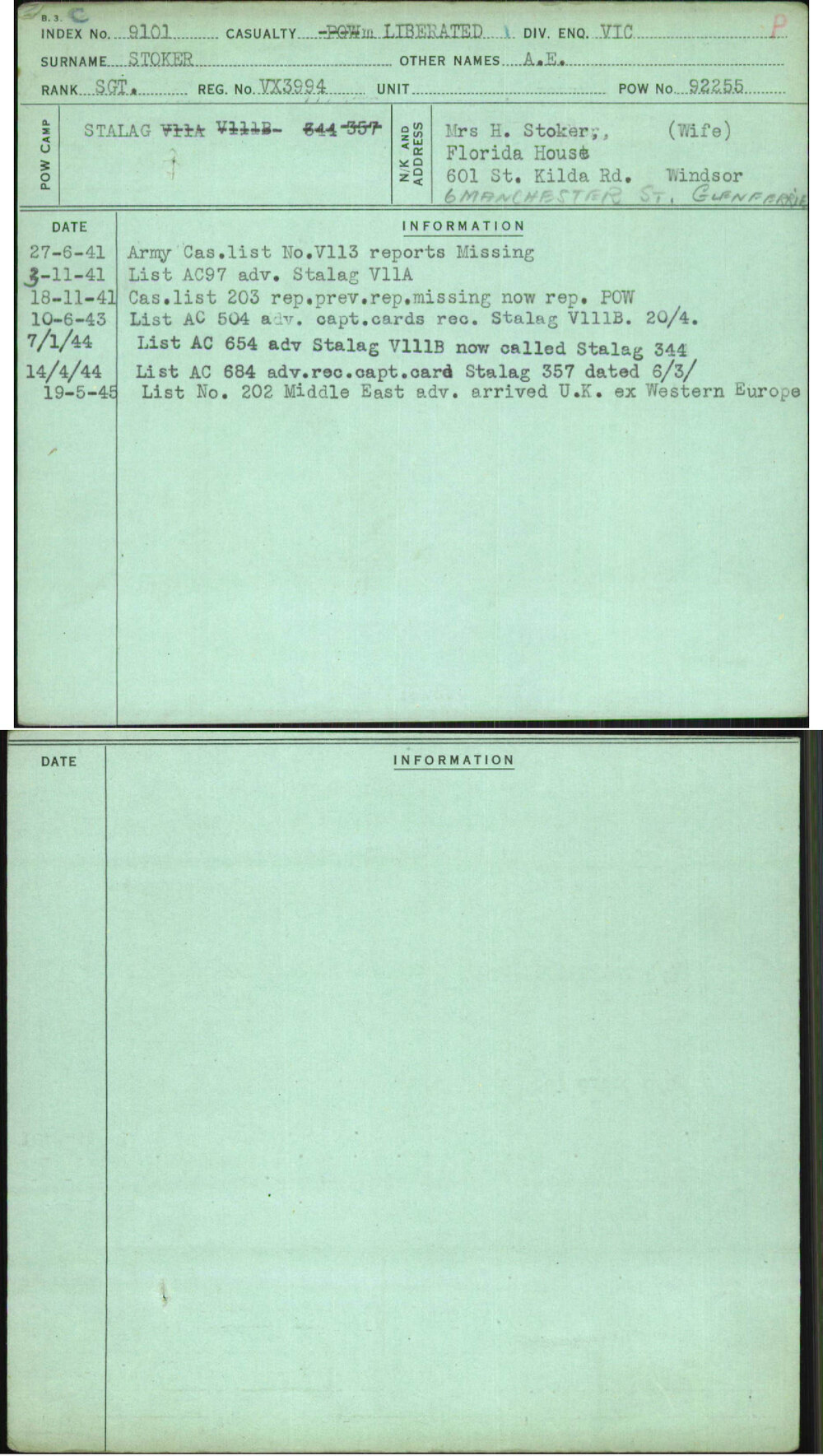 Stoker, A E, VX3994