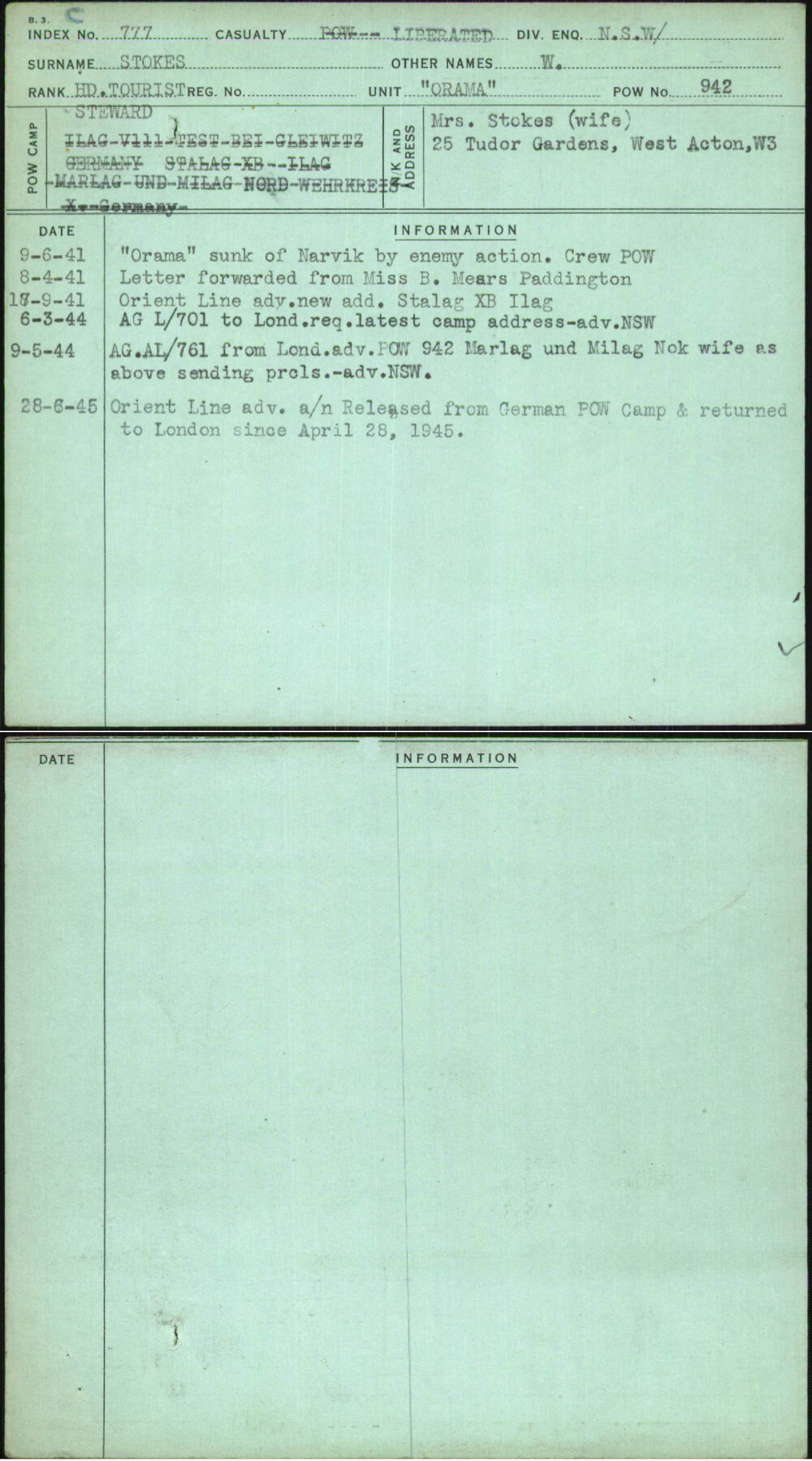 Stokes, W, [No Service Number]