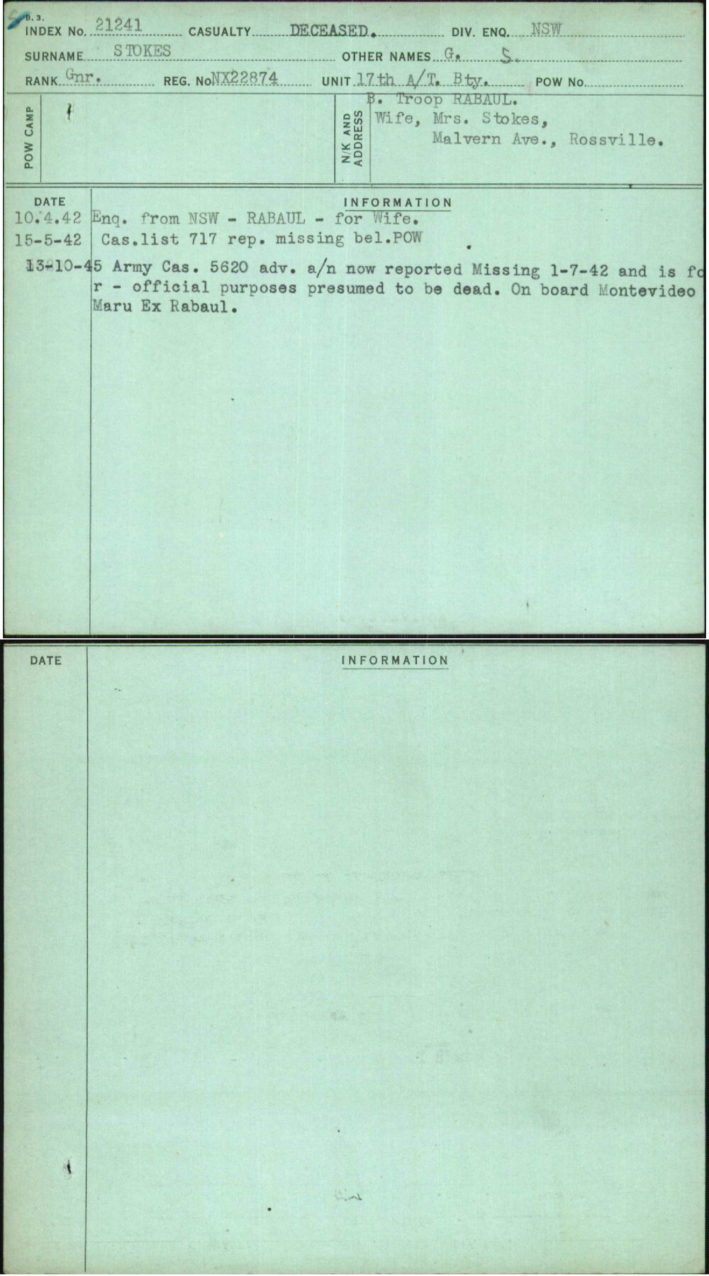 Stokes, G S, NX22874