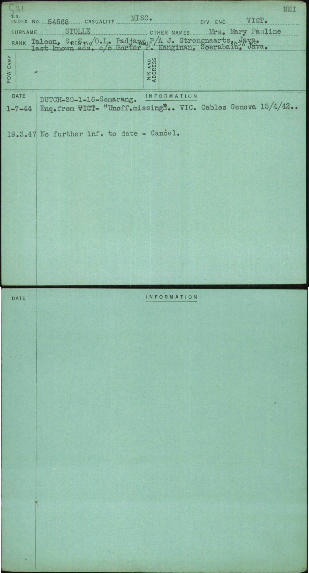 Stolle, Mrs Mary Pauline, [No Service Number]