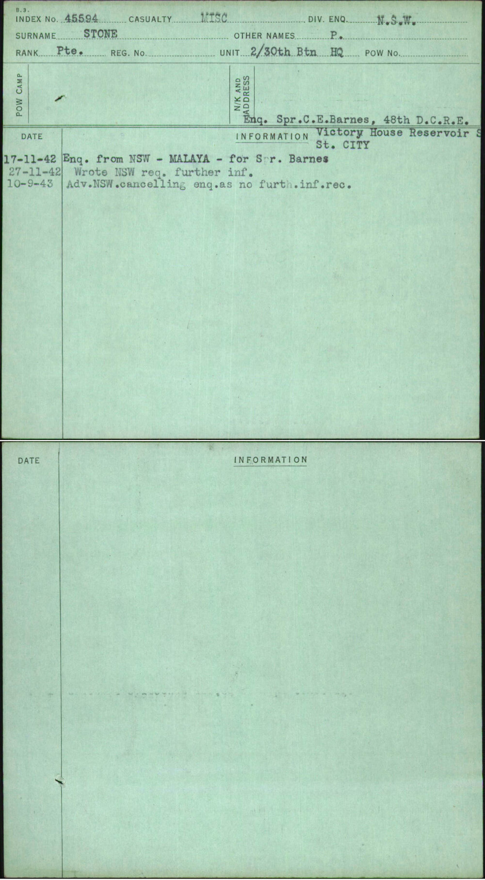 Stone, P, [No Service Number]