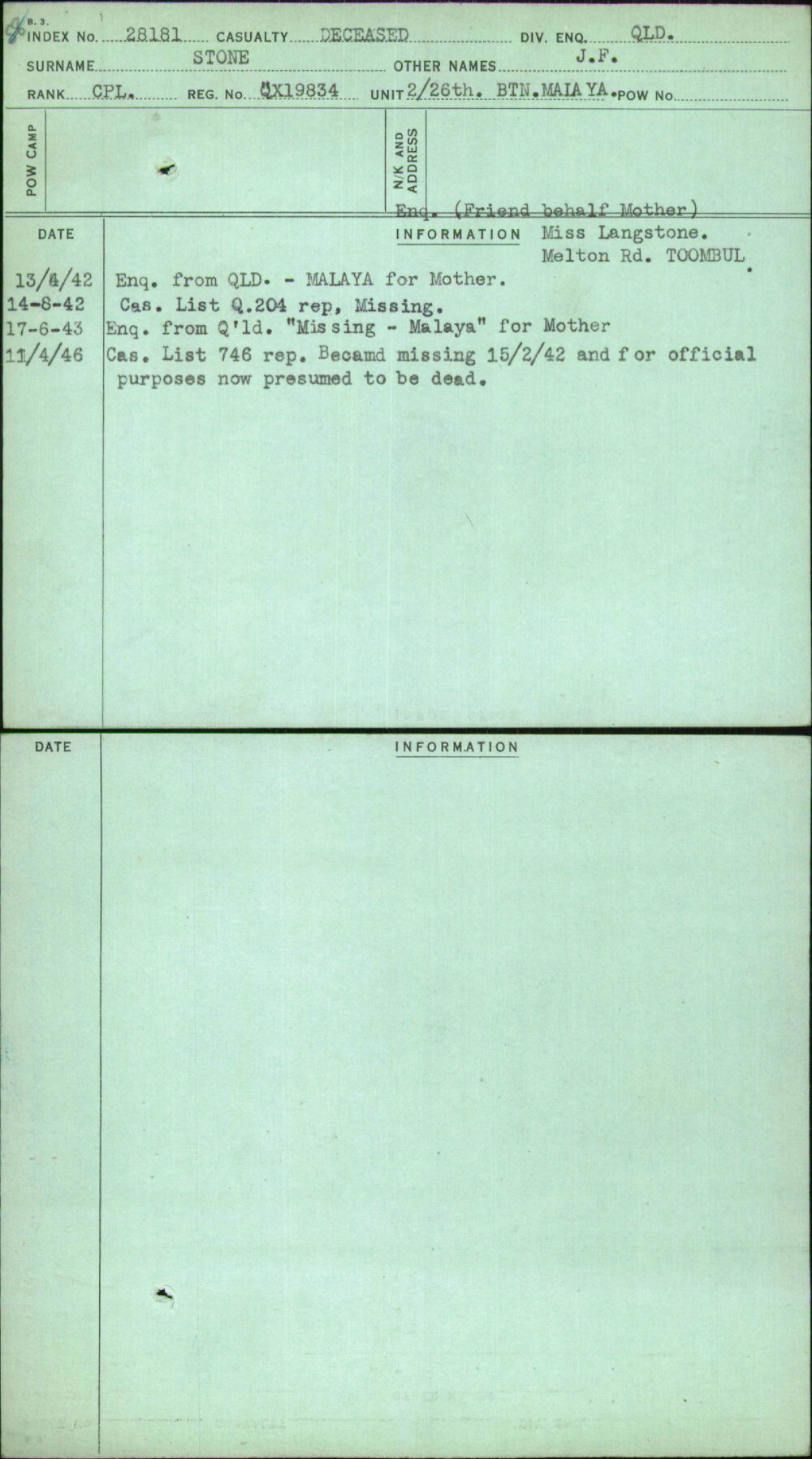 Stone, J F, QX19834