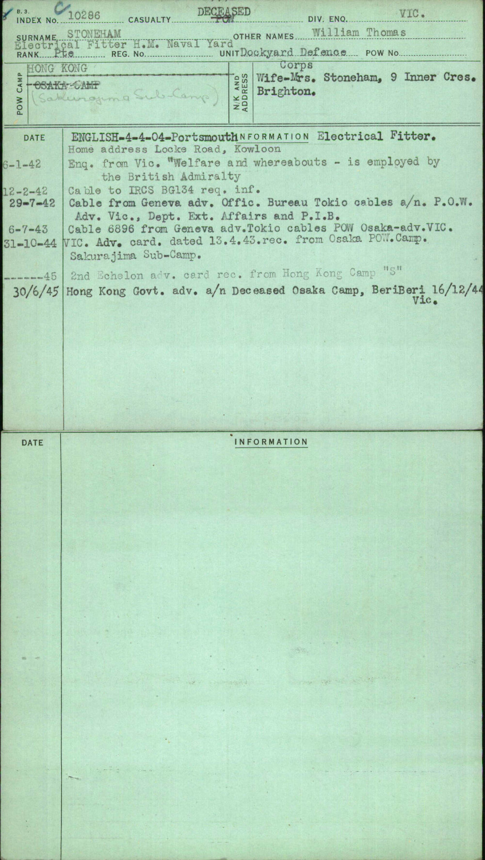Stoneham, William Thomas, [No Service Number]
