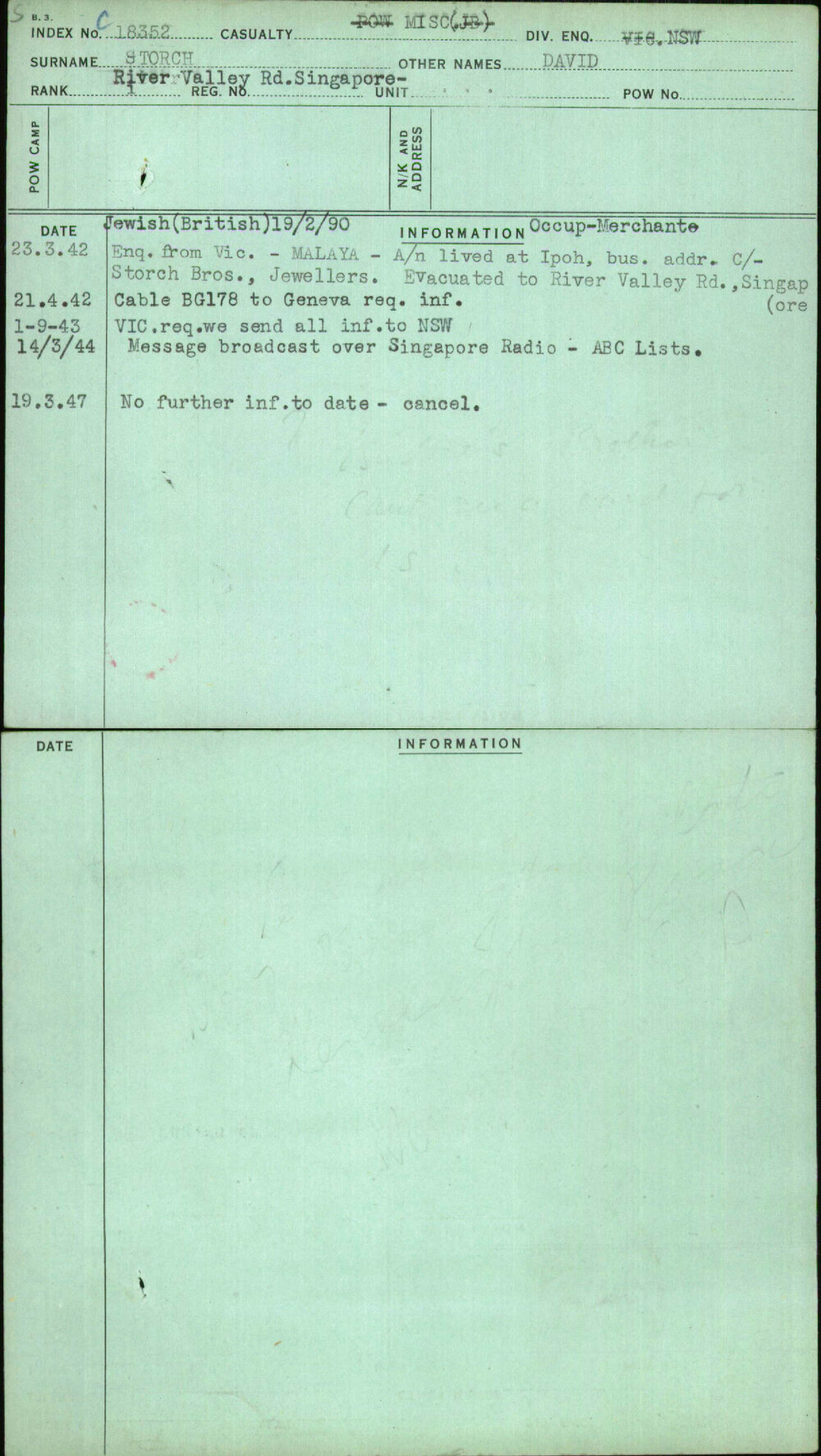 Storch, David, [No Service Number]