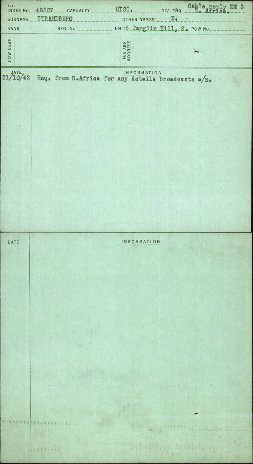 Strandberg, E, [No Service Number]