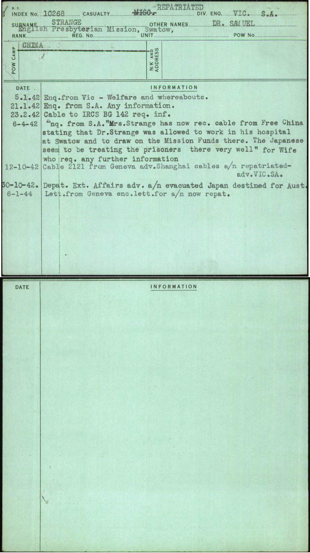 Strange, Dr Samuel, [No Service Number]