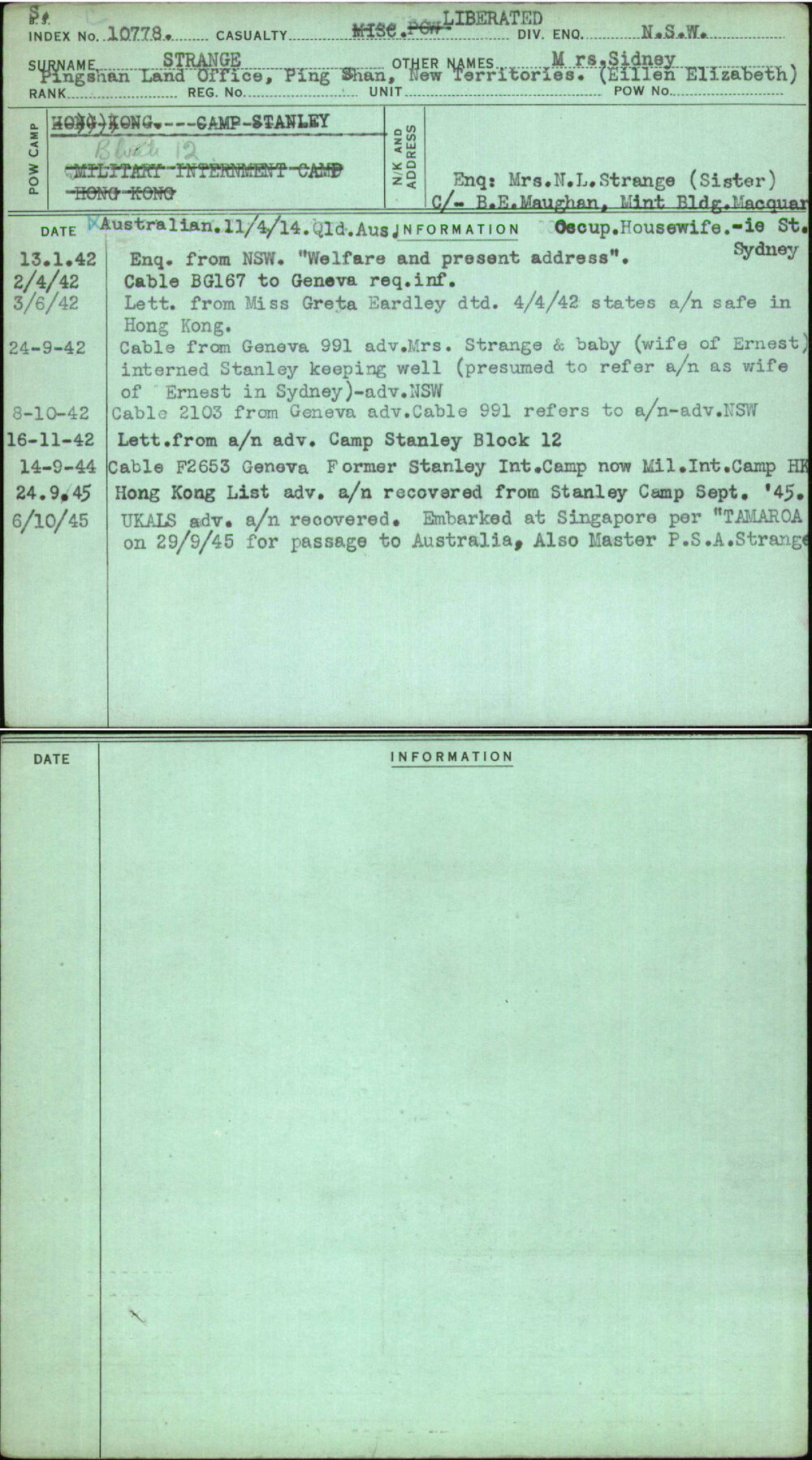 Strange, Mrs Sidney, [No Service Number]