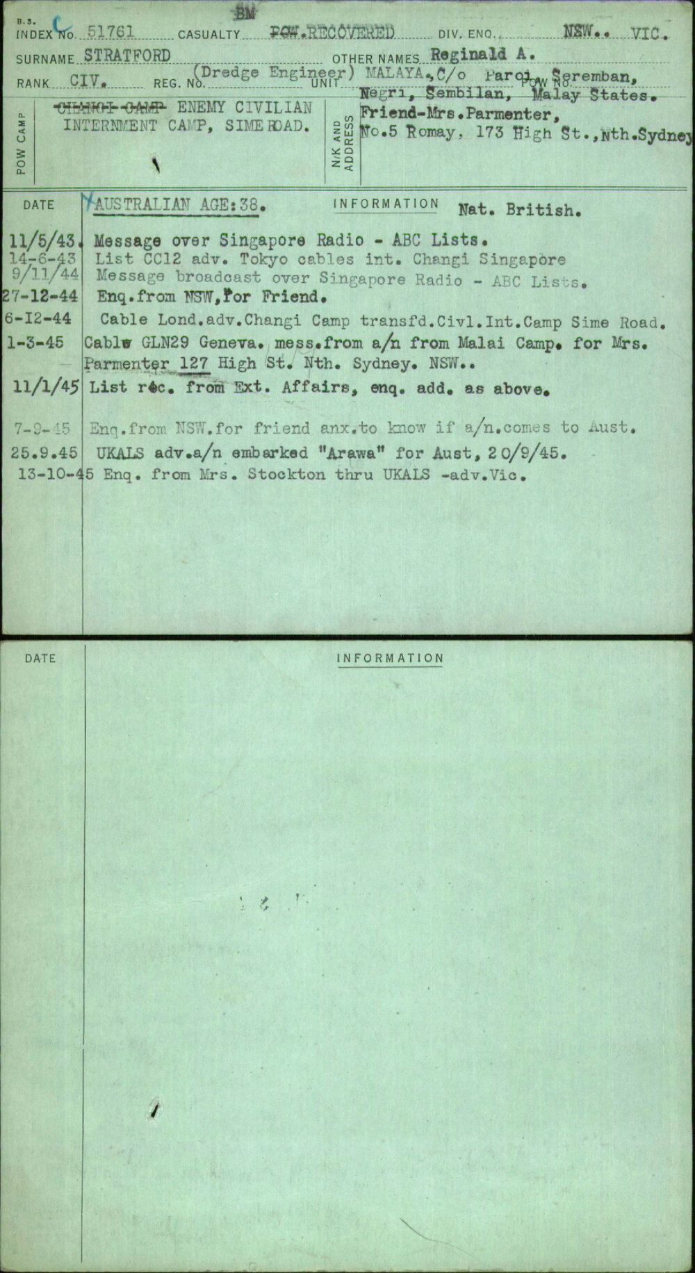 Stratford, Reginald A, [No Service Number]