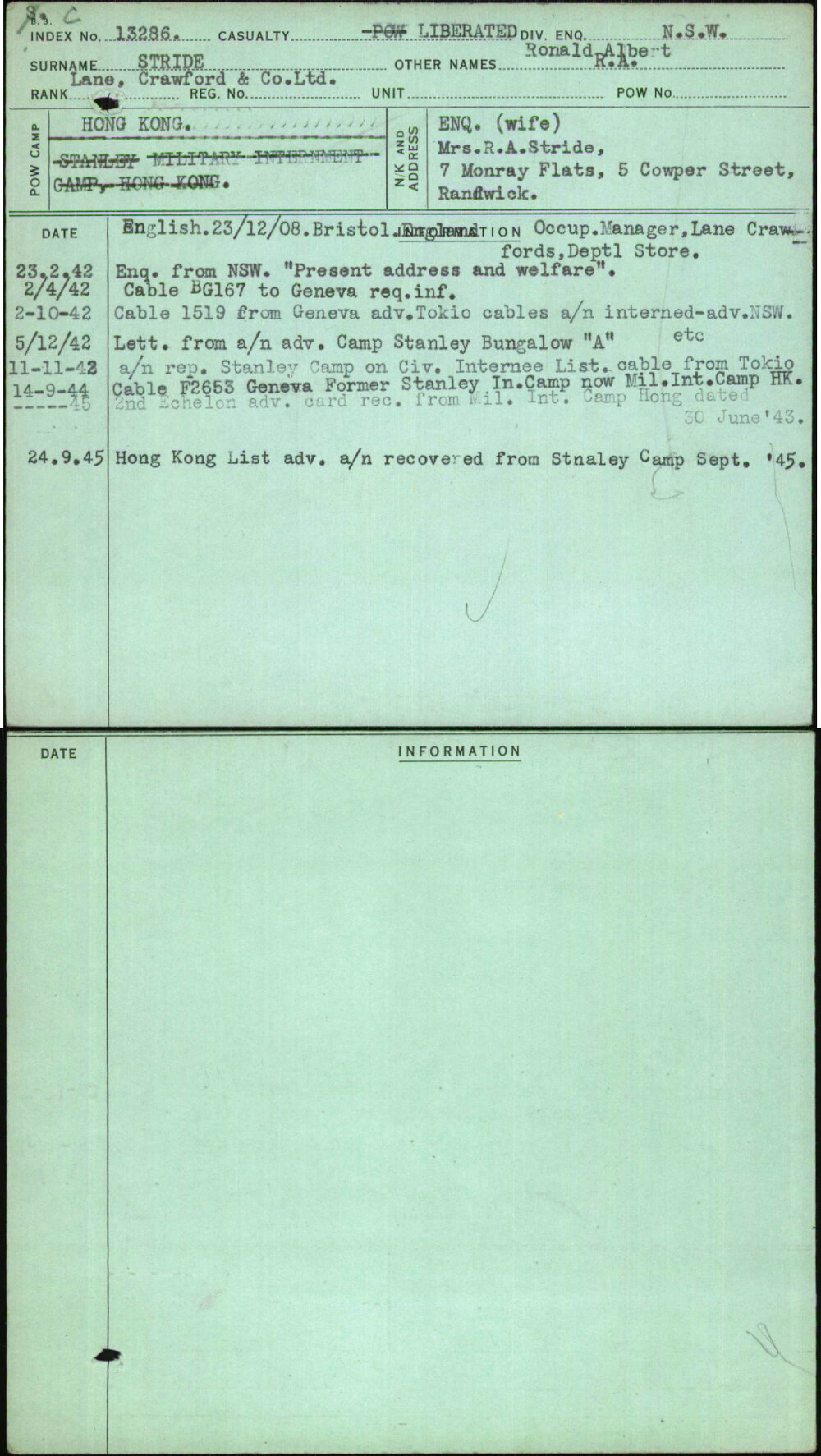 Stride, R A Ronald Albert, [No Service Number]