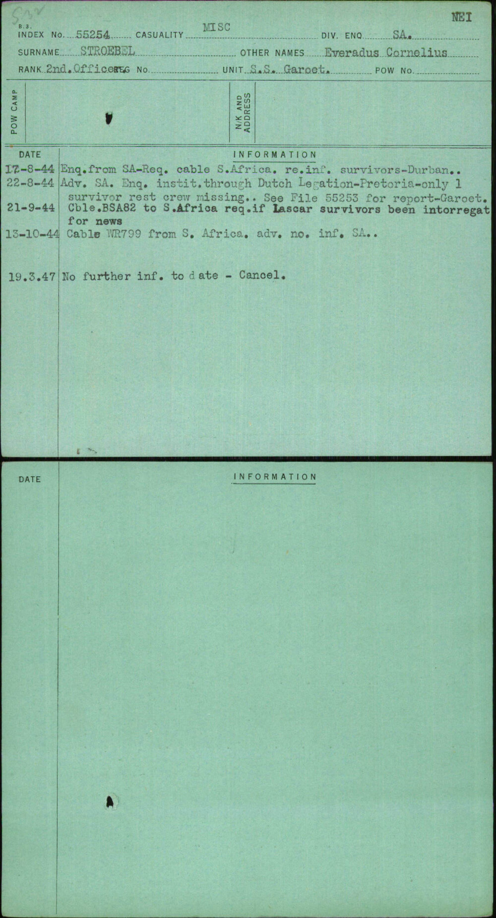 Stroebel, Everadus Cornelius, [No Service Number]