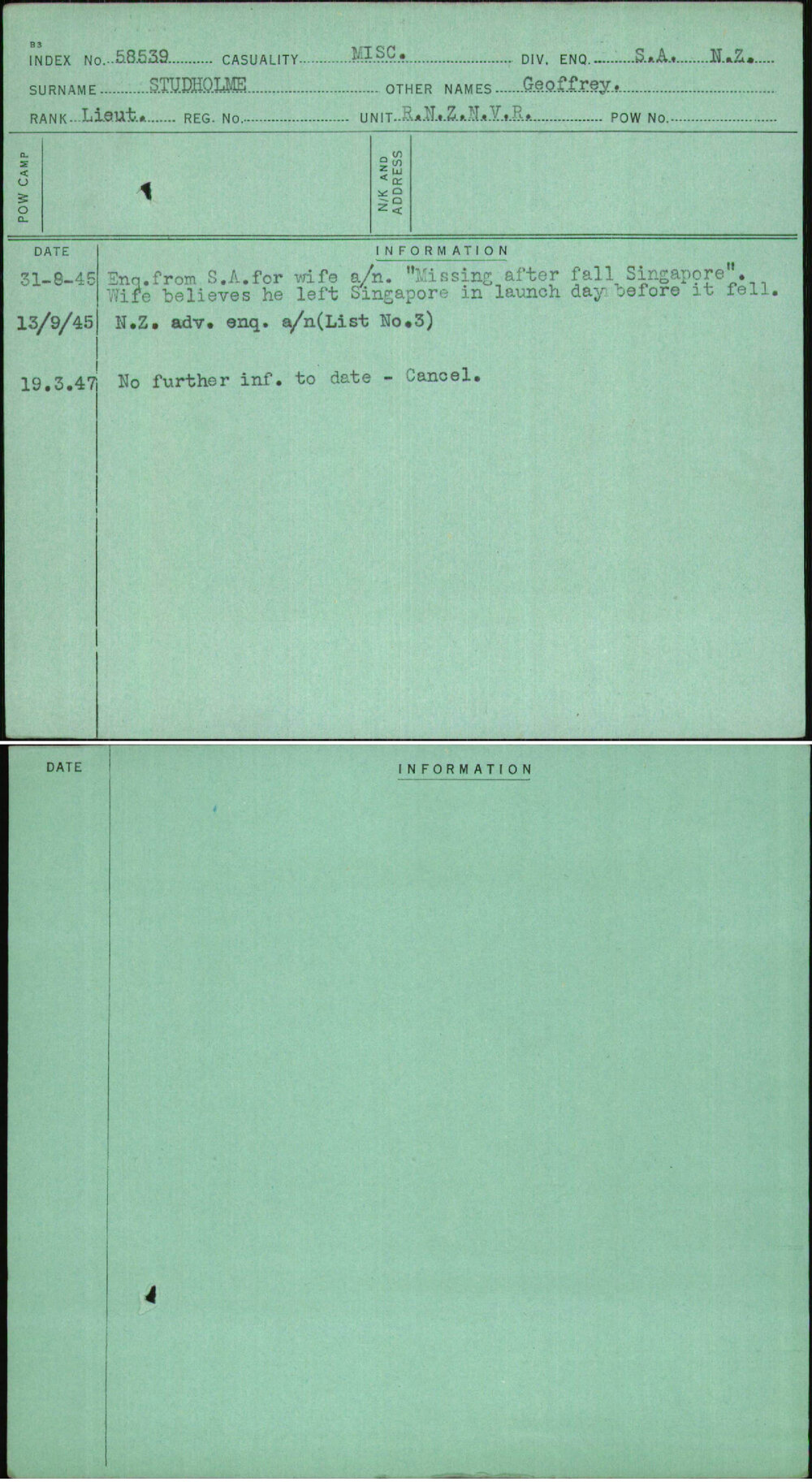 Studholme, Geoffrey, [No Service Number]