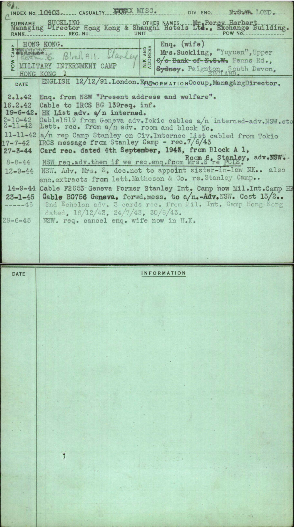 Suckling, Mr Percy Herbert, [No Service Number]