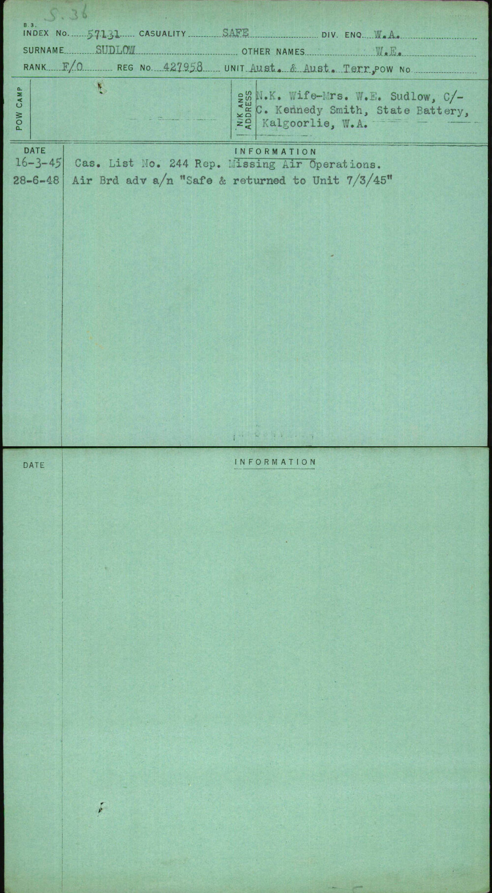 Sudlow, W E, 427958