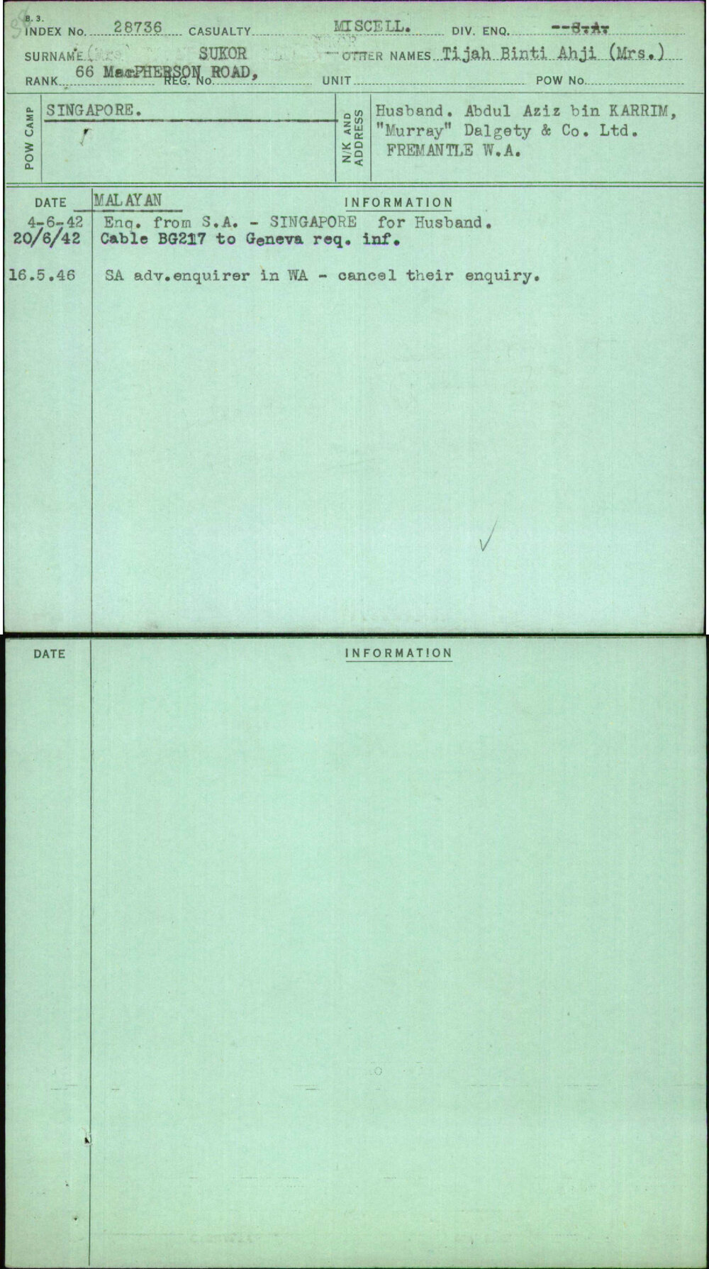 Sukor, Tijah Binti Ahji (Mrs), [No Service Number]