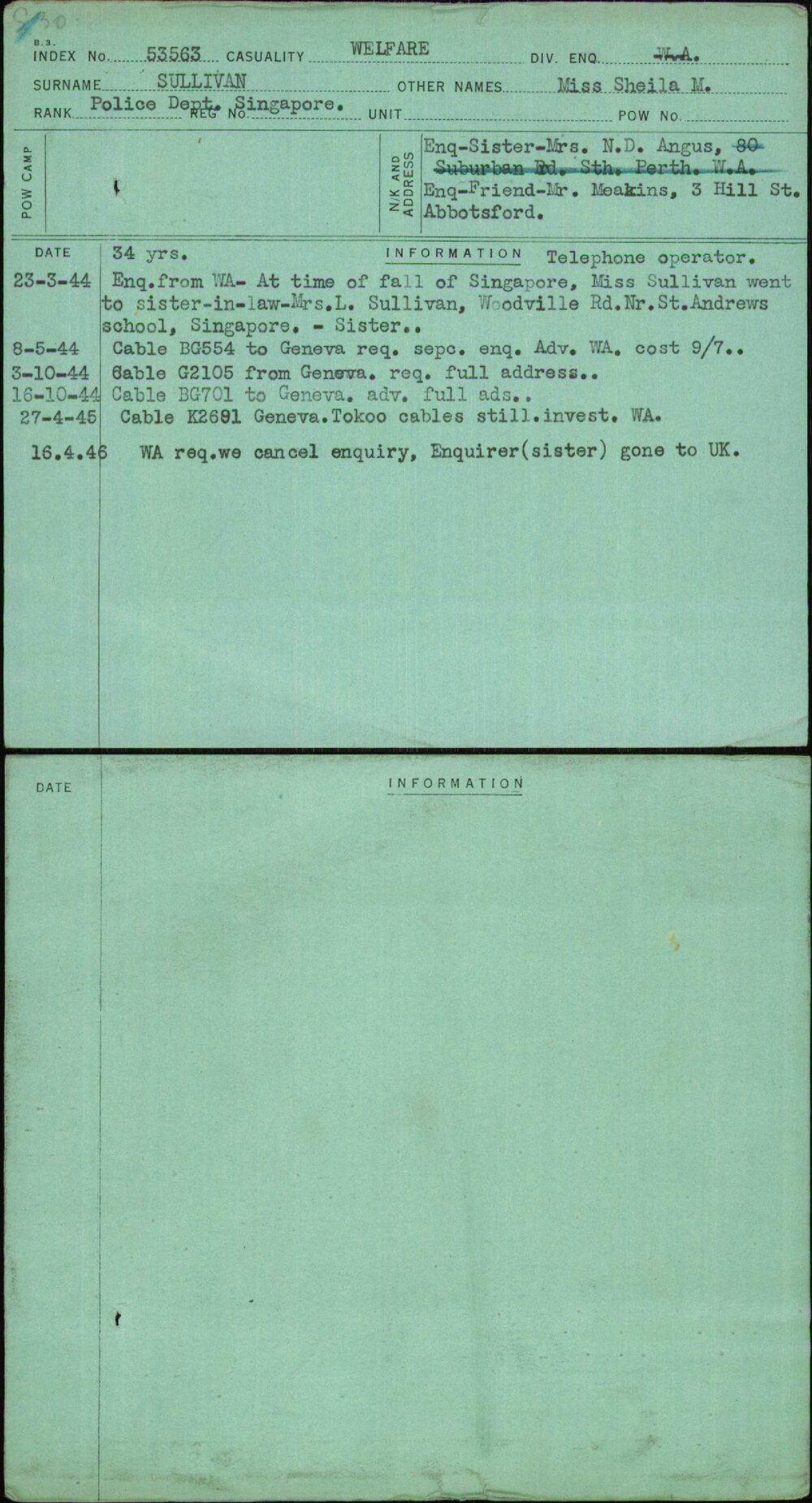 Sullivan, Miss Sheila M, [No Service Number]